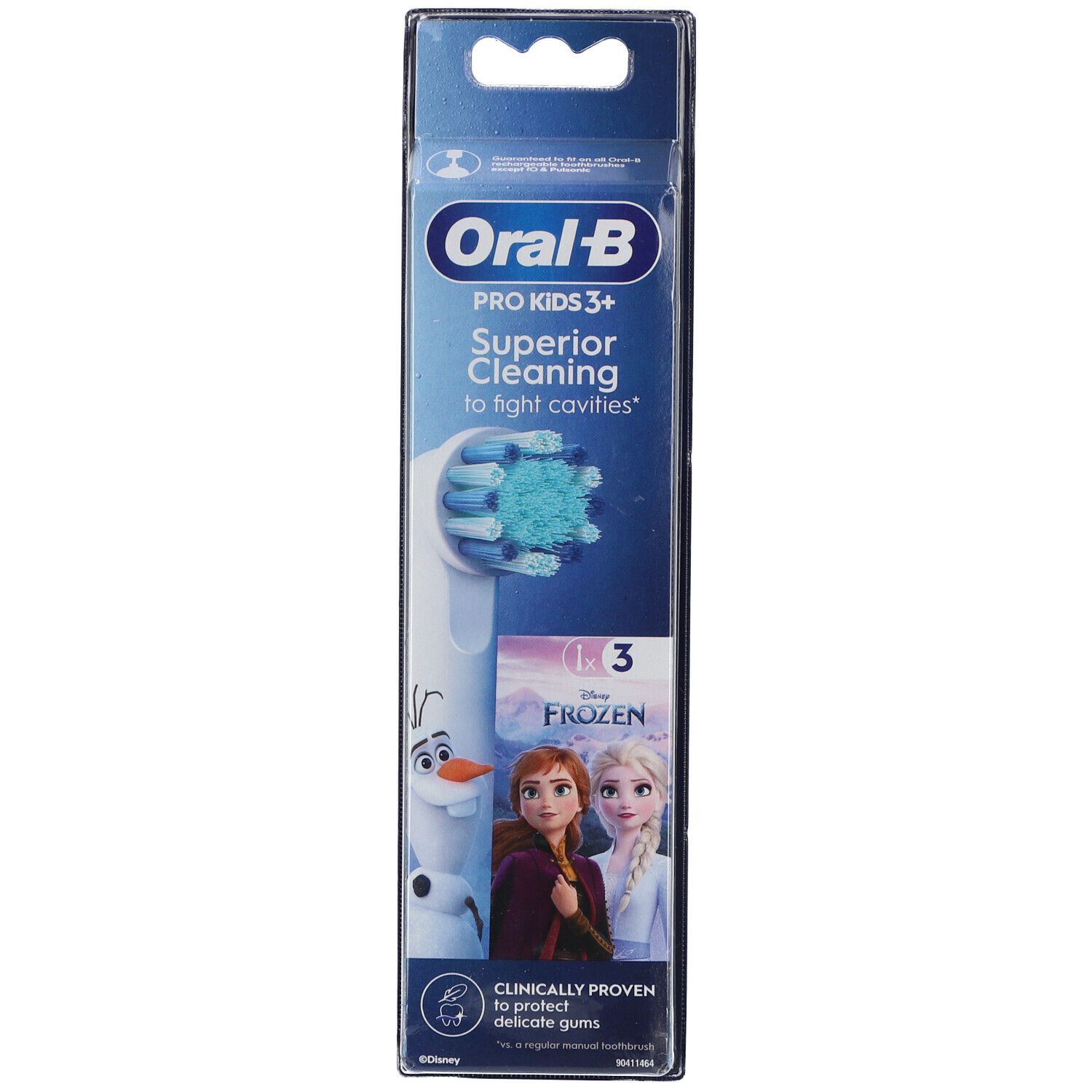 Tandenborstelopzetstukken voor kinderen. Verpakking met Oral-B logo, Disney Frozen-motief en opschrift "3". 
