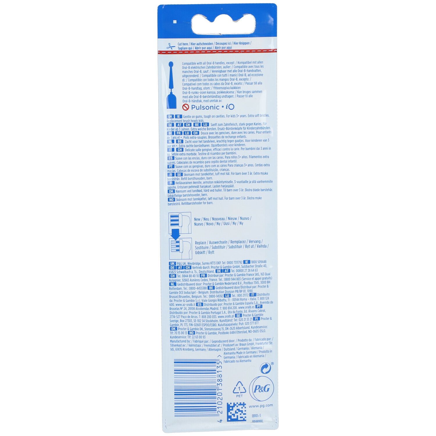 Witte en blauwe verpakking met tekst en pictogrammen. Tekst: PulsSonic iO. Barcode onderaan.
