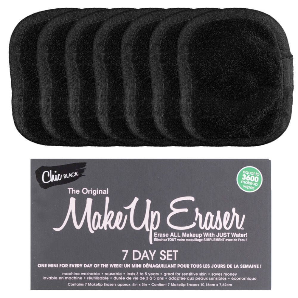 Zeven zwarte, ovale Make-Up Eraser pads en een zwarte verpakking met productinformatie.