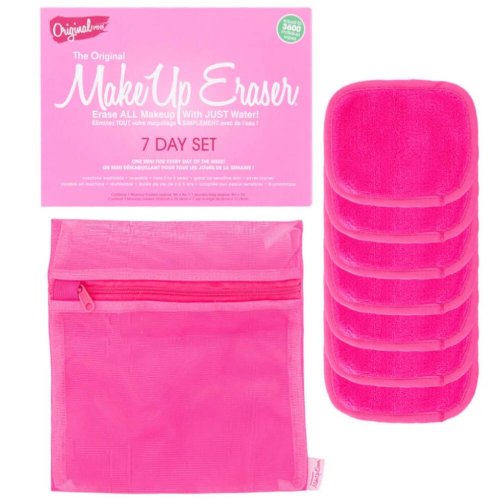 Pinkes Set: 7 Abschminktücher, Waschbeutel, und Verpackung. Tücher quadratisch, pink. Verpackung mit Produktnamen und Text.