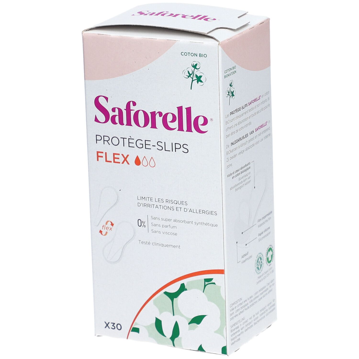 Saforelle Protège-slips Flex verpakking. 30 stuks. Beperkt irritatierisico's. Zonder parfum en synthetische stoffen.