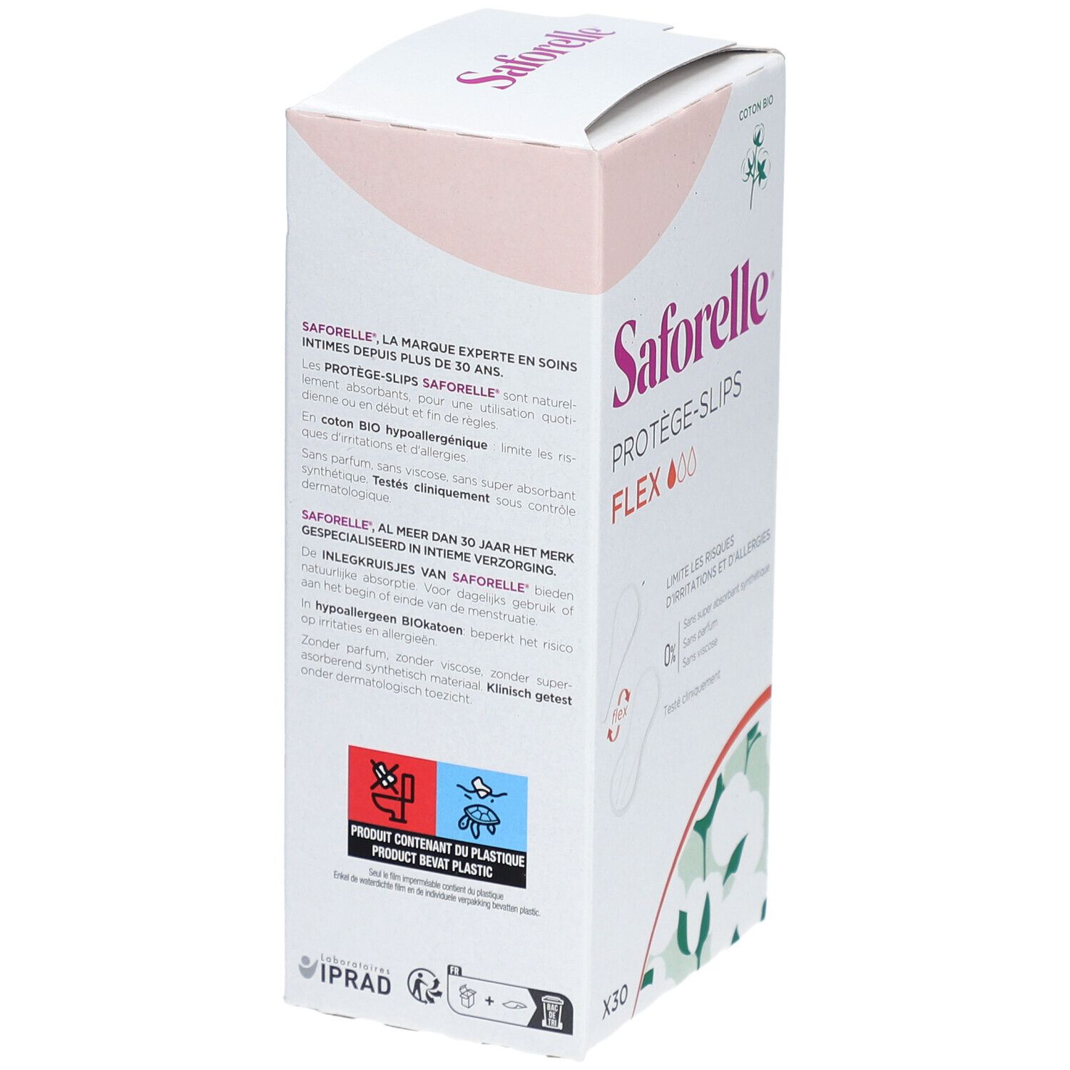 Saforelle Protège-slips Flex verpakking. 30 stuks. Details bio-katoen, zonder parfum en synthetische stoffen.