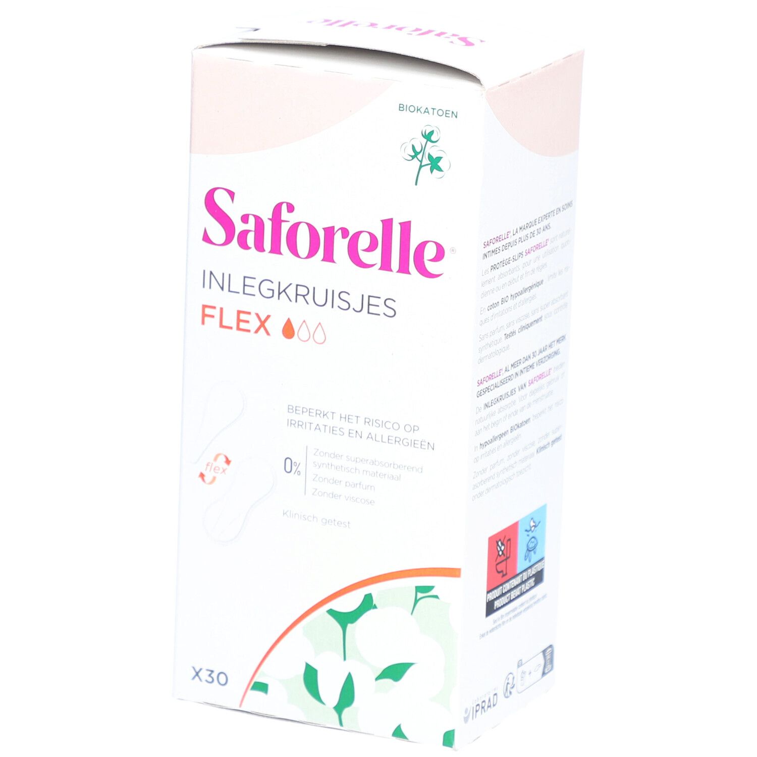 Saforelle Inlegkruisjes Flex verpakking. 30 stuks. Vermindert irritaties. Zonder parfum en synthetische stoffen.