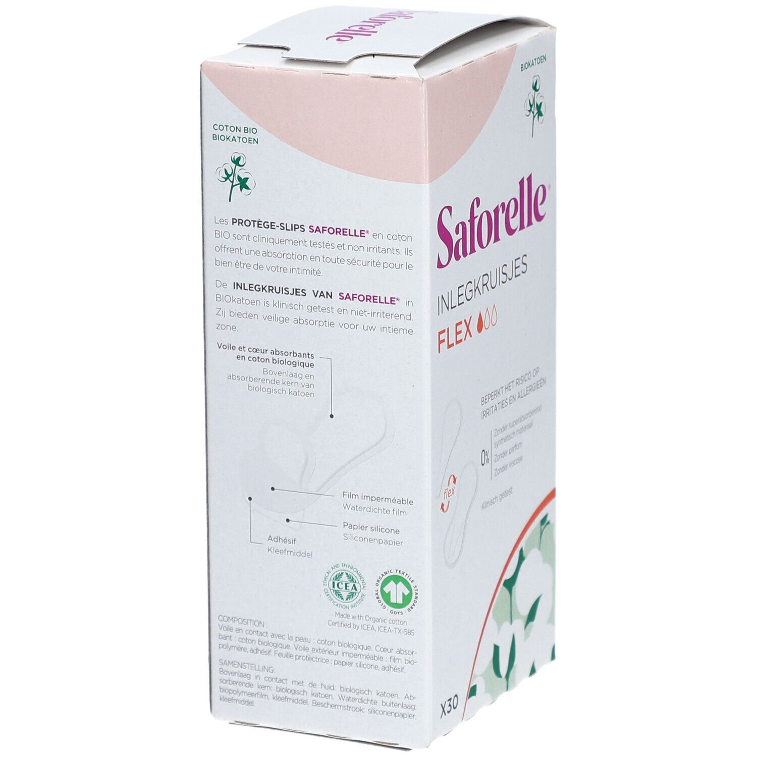 Saforelle Inlegkruisjes Flex verpakking. 30 stuks. Vermindert irritaties. Zonder parfum en synthetische stoffen.