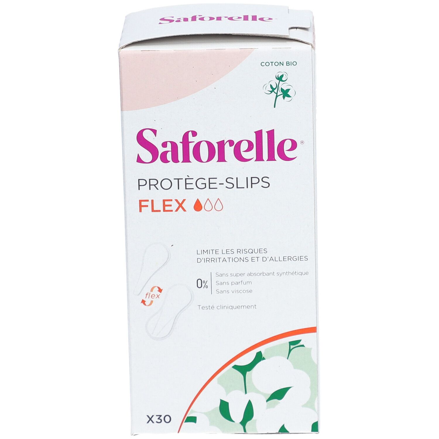 Saforelle Protège-slips Flex verpakking. 30 stuks. Beperkt irritatierisico's. Zonder parfum en synthetische stoffen.