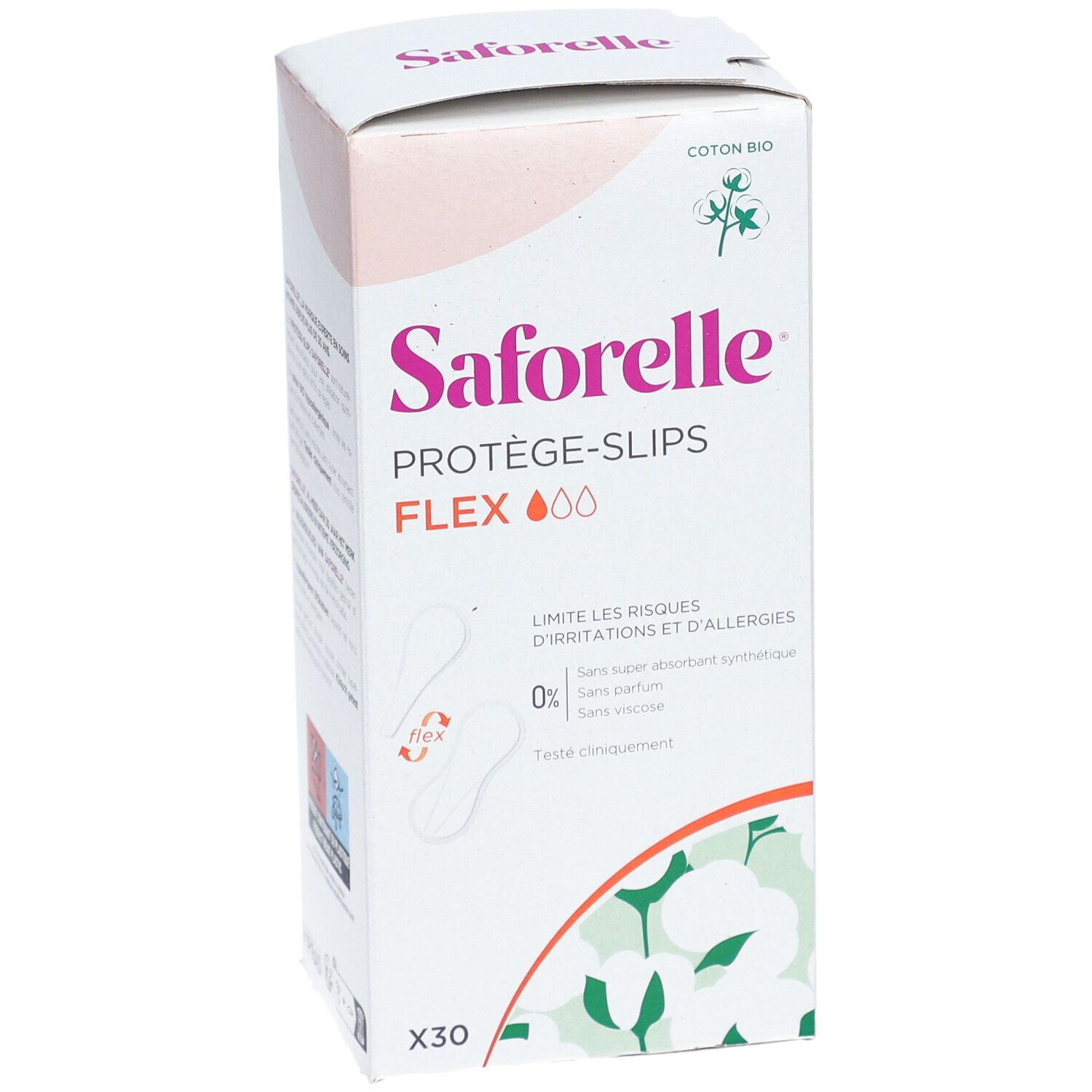 Saforelle Protège-slips Flex verpakking. 30 stuks. Beperkt irritatierisico's. Zonder parfum en synthetische stoffen.