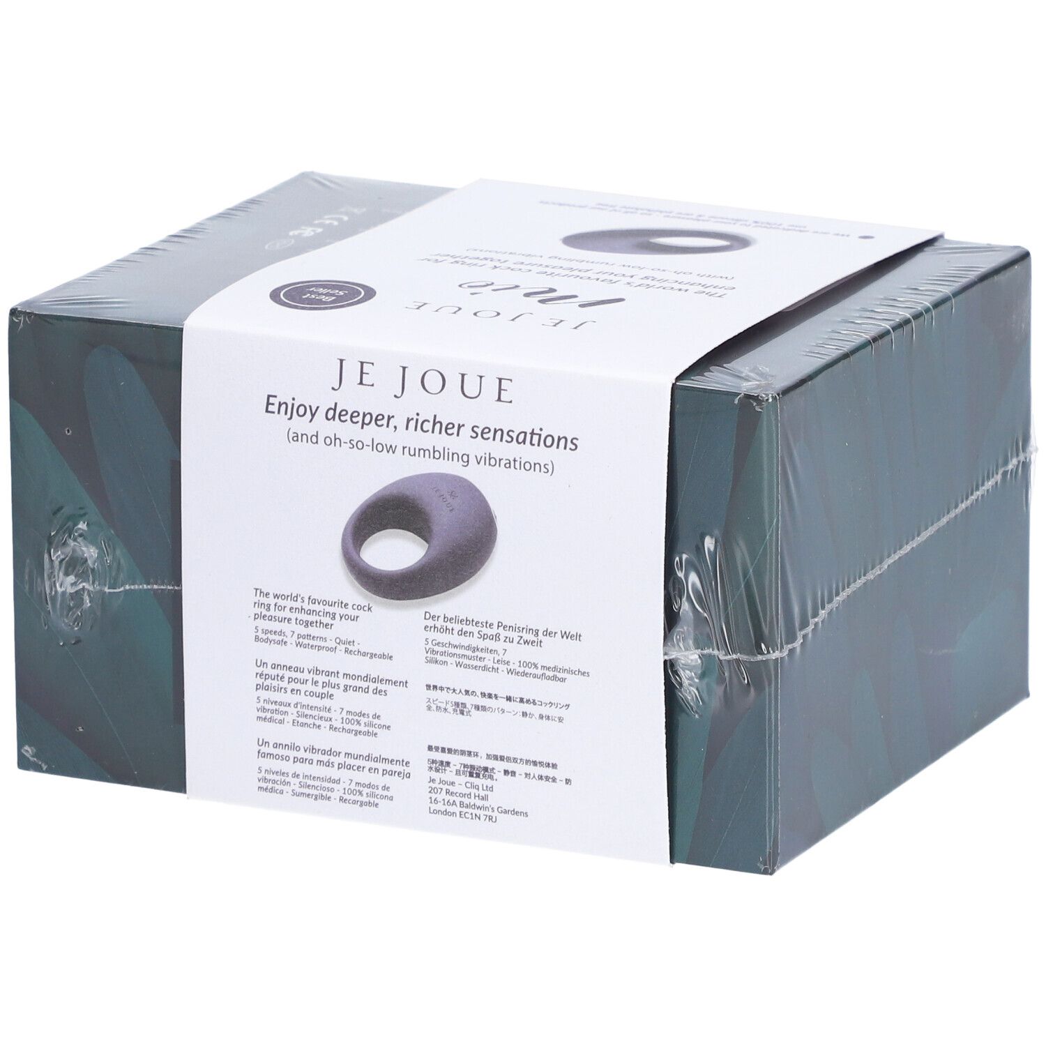 Emballage Je Joue Mio. Produit en forme d'anneau. Texte: Enjoy deeper, richer sensations. Emballage transparent.