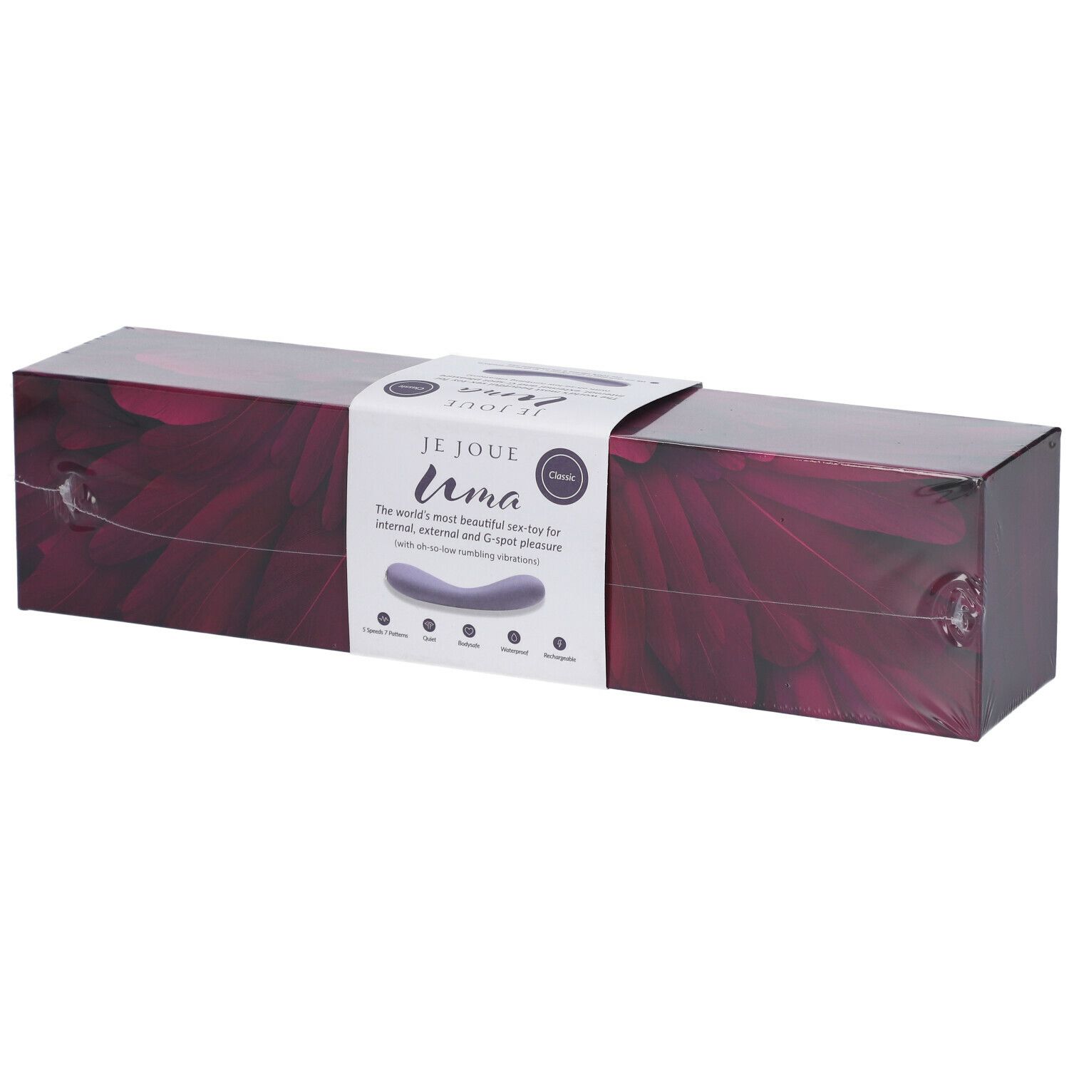 Emballage du Je Joue Uma Contoured Internal Vibrator. Violet, forme rectangulaire, avec informations produit.