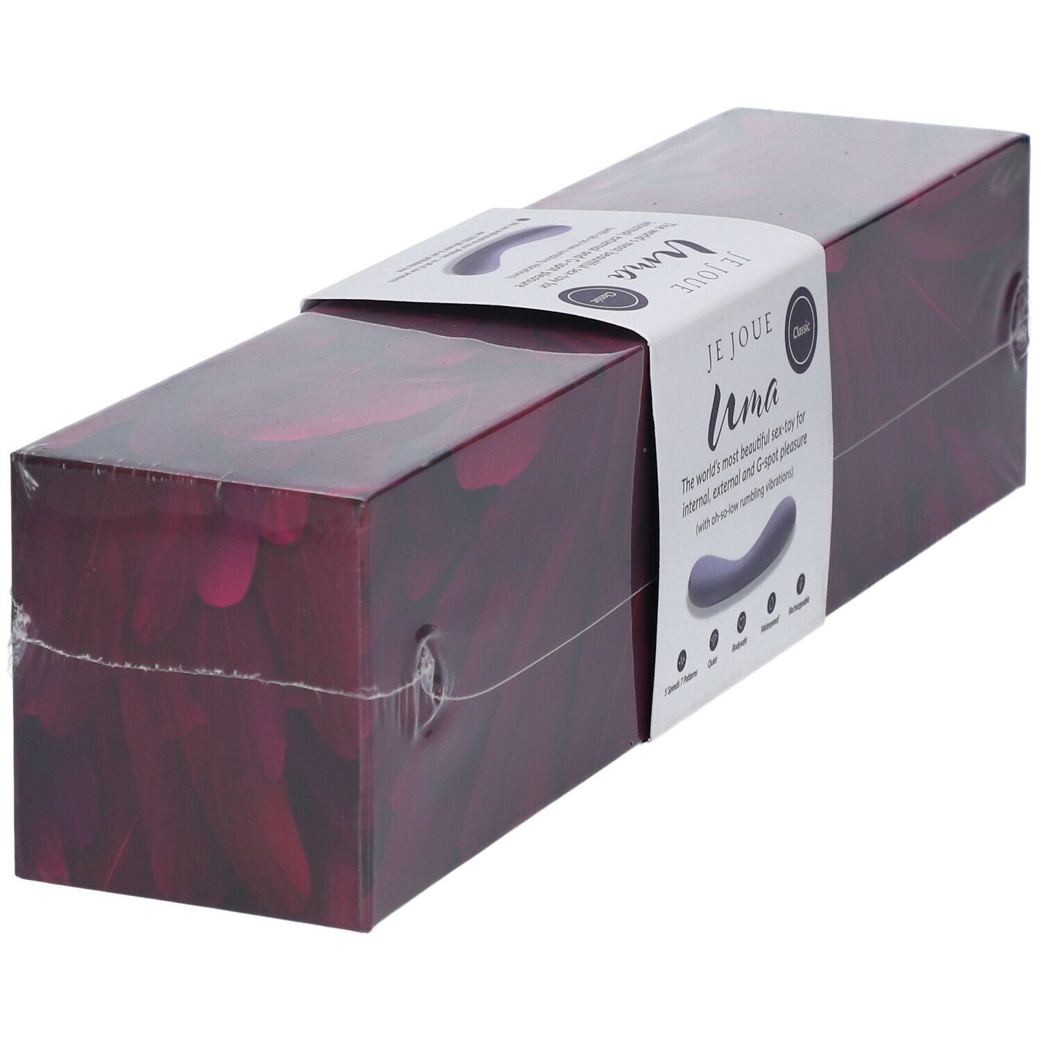 Emballage du Je Joue Uma Contoured Internal Vibrator. Violet, rectangulaire, avec étiquette produit.