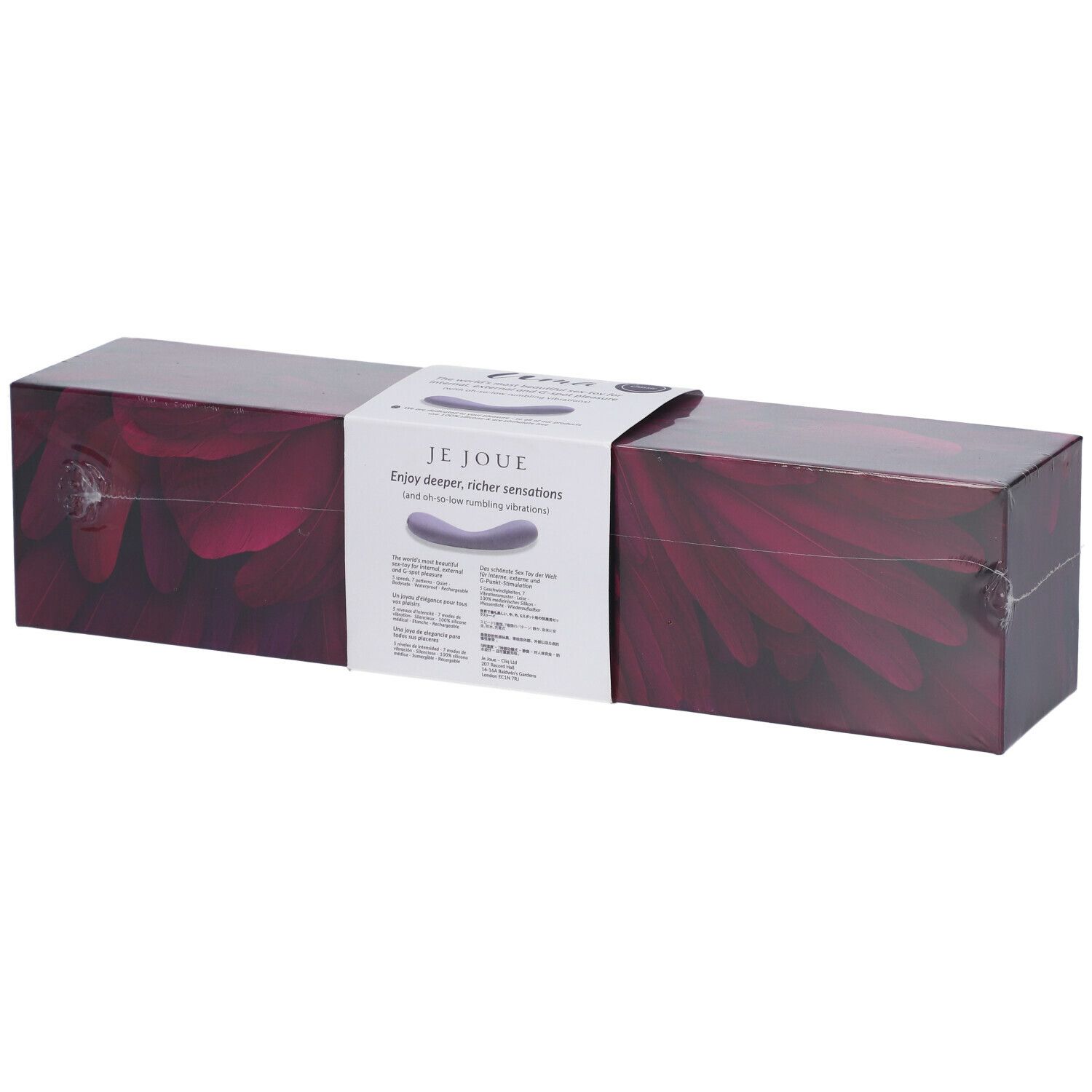 Emballage du Je Joue Uma Contoured Internal Vibrator. Violet, rectangulaire, avec informations produit.