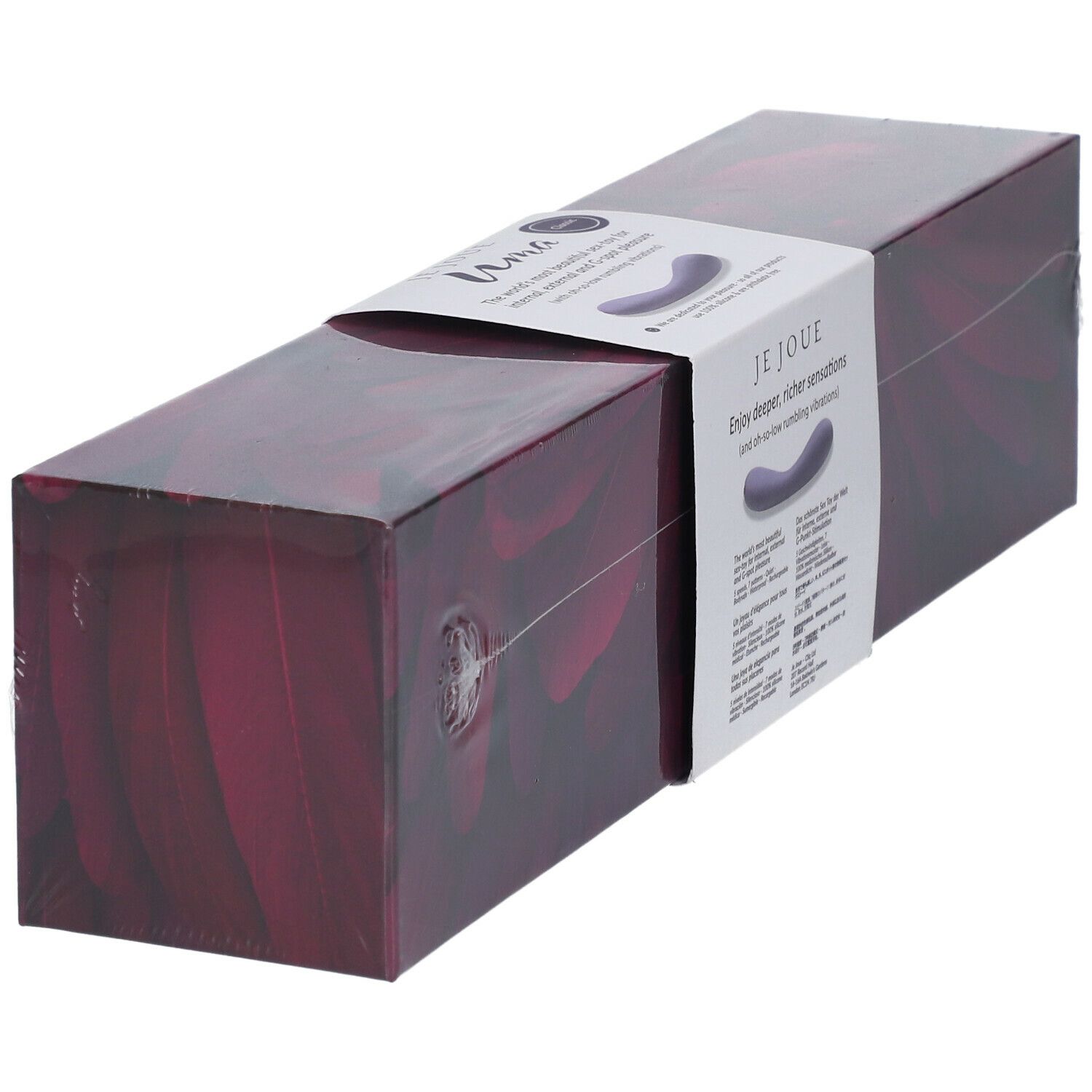 Emballage du Je Joue Uma Contoured Internal Vibrator. Violet, rectangulaire, avec étiquette produit.