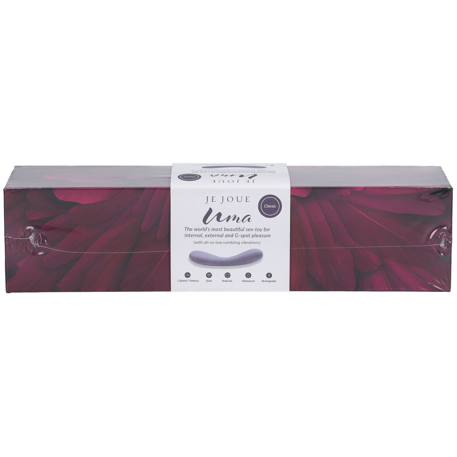 Emballage du Je Joue Uma Contoured Internal Vibrator. Violet, rectangulaire, avec informations produit.