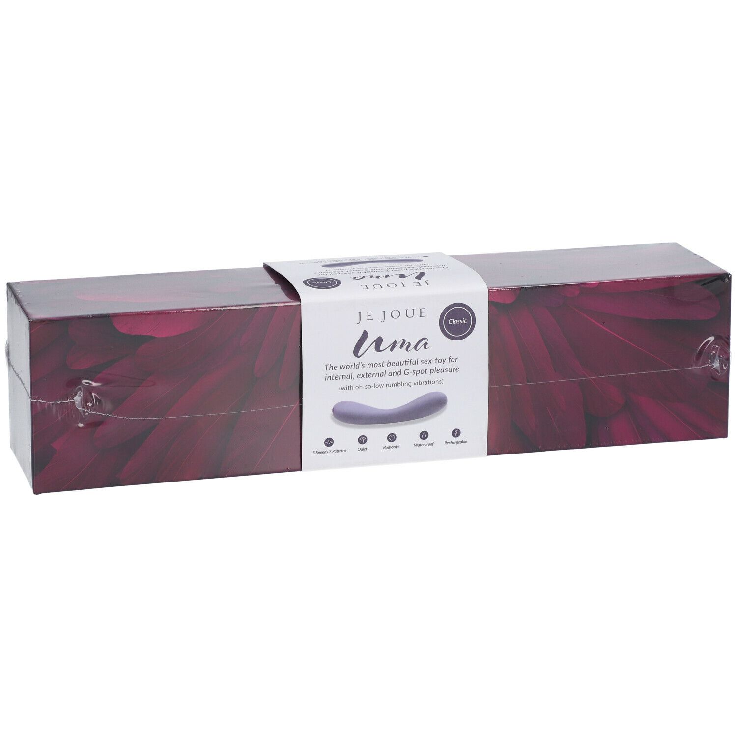 Emballage du Je Joue Uma Contoured Internal Vibrator. Violet, rectangulaire, avec informations produit.