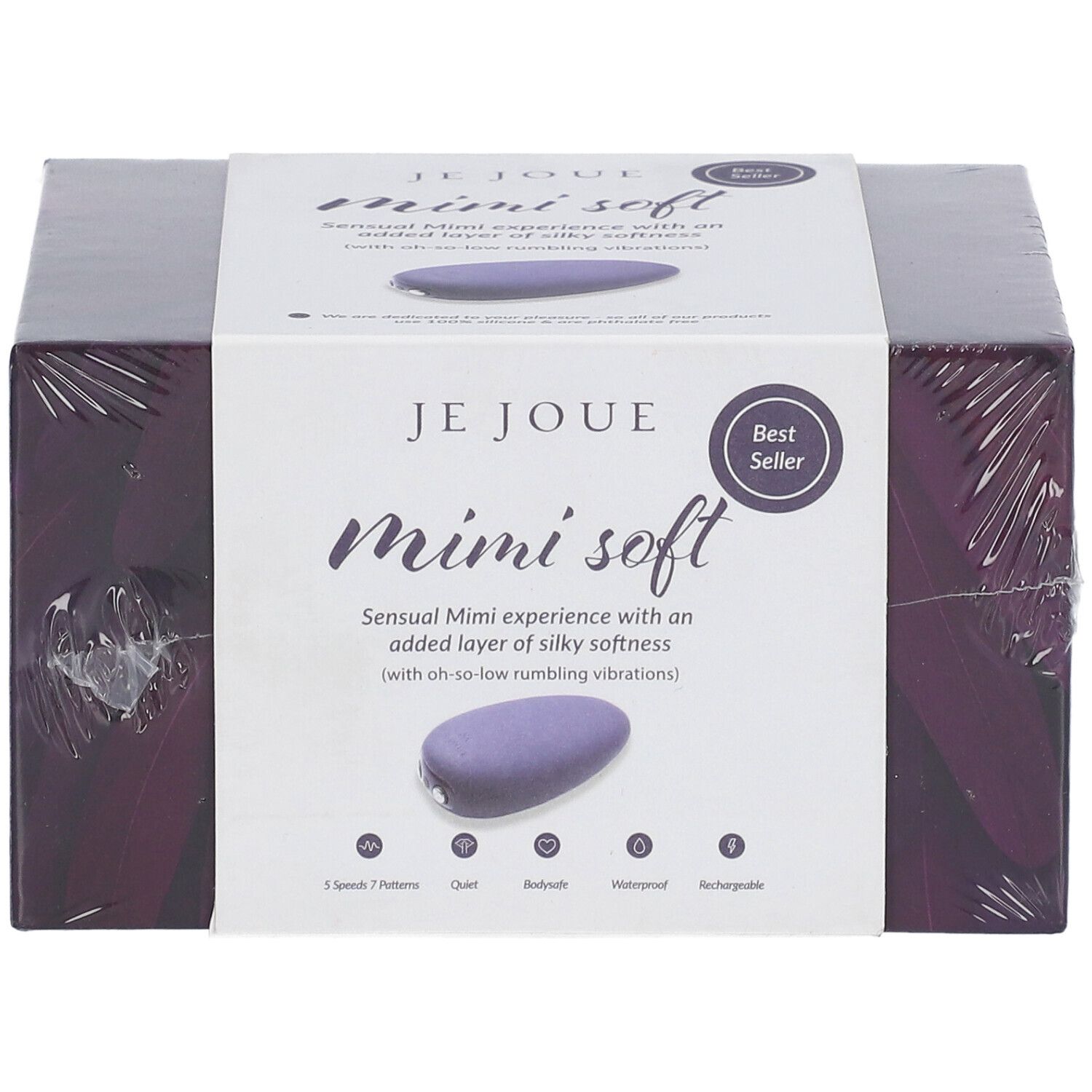 Verpackung mit Produkt. Aufschrift: Je Joue Mimi soft. Lila Stimulator. Best Seller.
