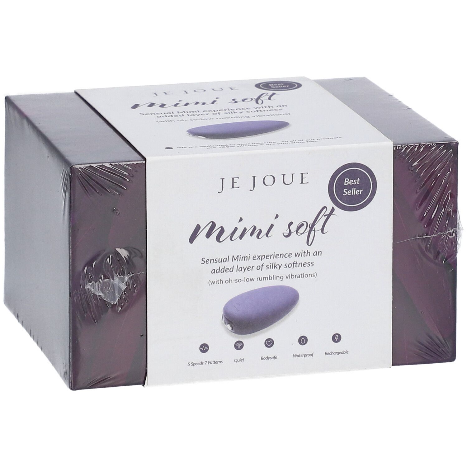 Verpackung mit Produkt. Aufschrift: Je Joue Mimi soft. Lila Stimulator. Best Seller.