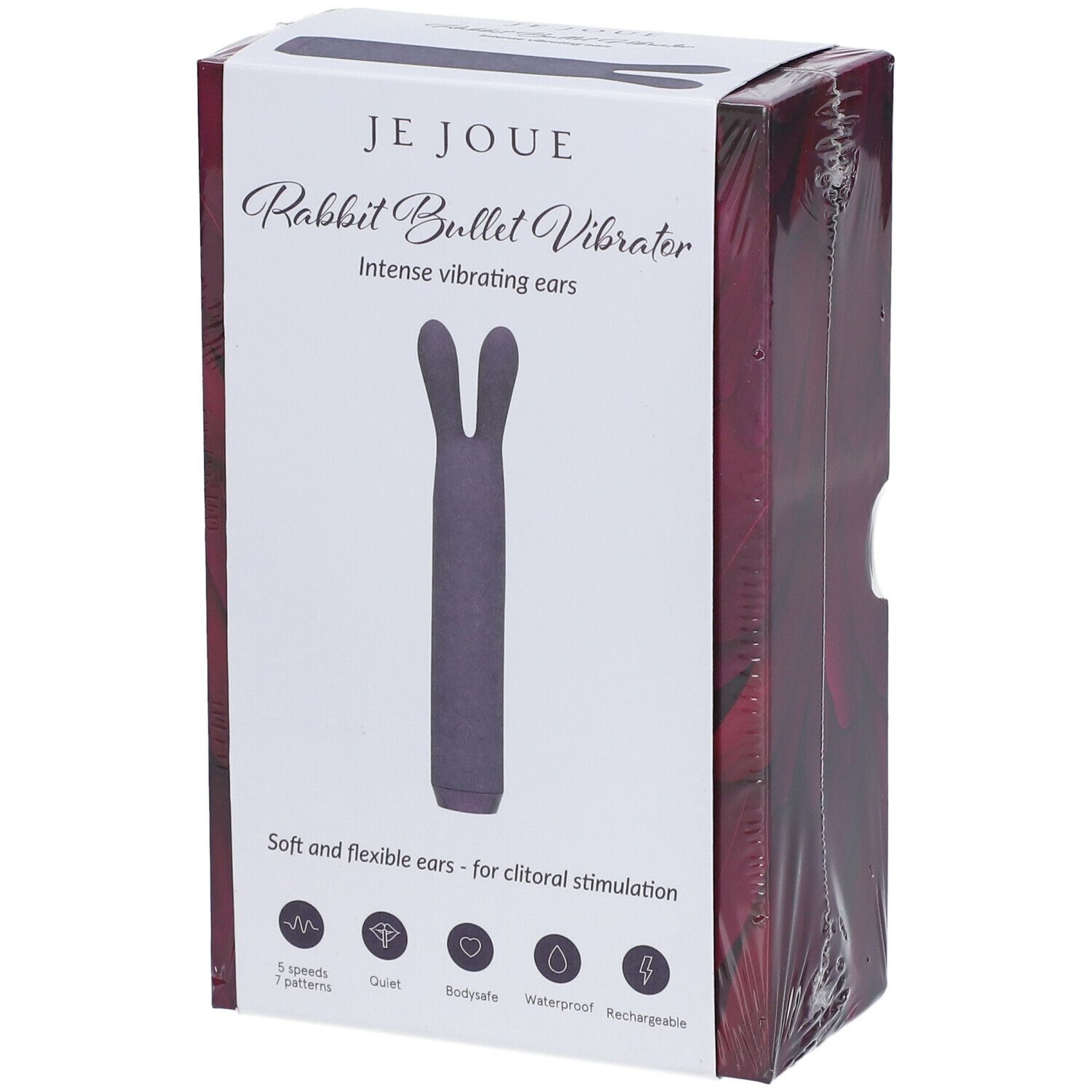 Emballage Je Joue Rabbit Bullet Vibrator. Produit violet. Texte: Intense vibrating ears, Soft and flexible ears - for clitoral stimulation.