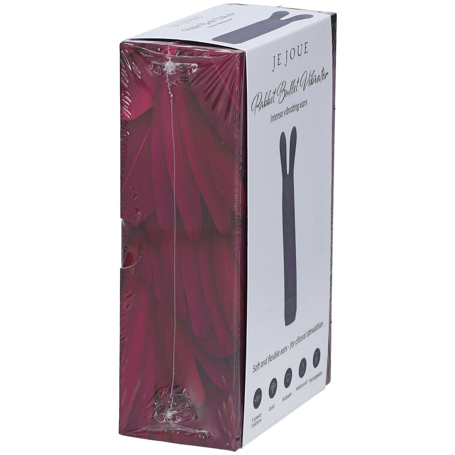 Emballage Je Joue Rabbit Bullet Vibrator. Produit violet. Texte: Intense vibrating ears, Soft and flexible ears - for clitoral stimulation. Vue latérale.