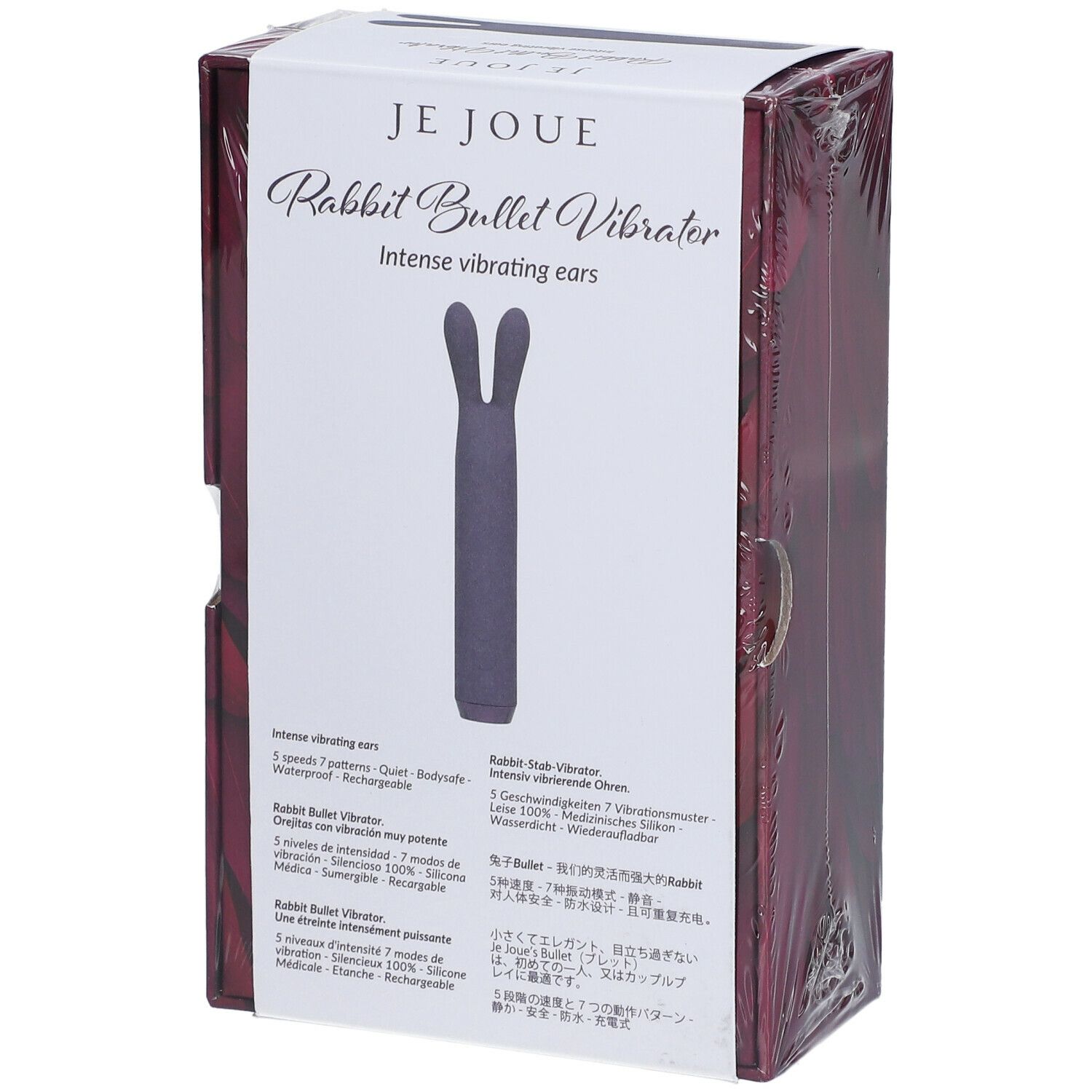 Emballage Je Joue Rabbit Bullet Vibrator. Produit violet. Texte: Intense vibrating ears, Soft and flexible ears - for clitoral stimulation. Texte multilingue.