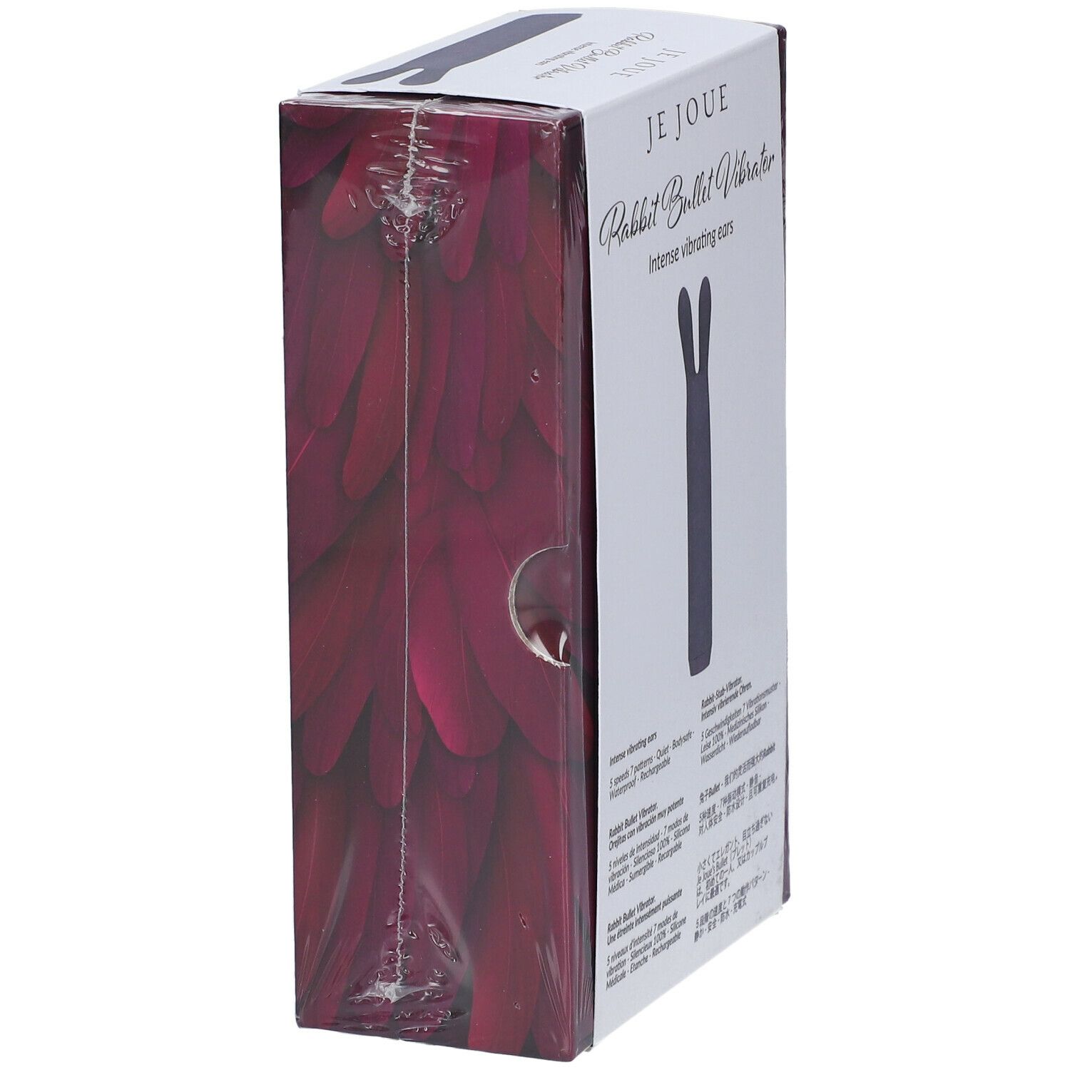Emballage Je Joue Rabbit Bullet Vibrator. Produit violet. Texte: Intense vibrating ears, Soft and flexible ears - for clitoral stimulation. Vue latérale.