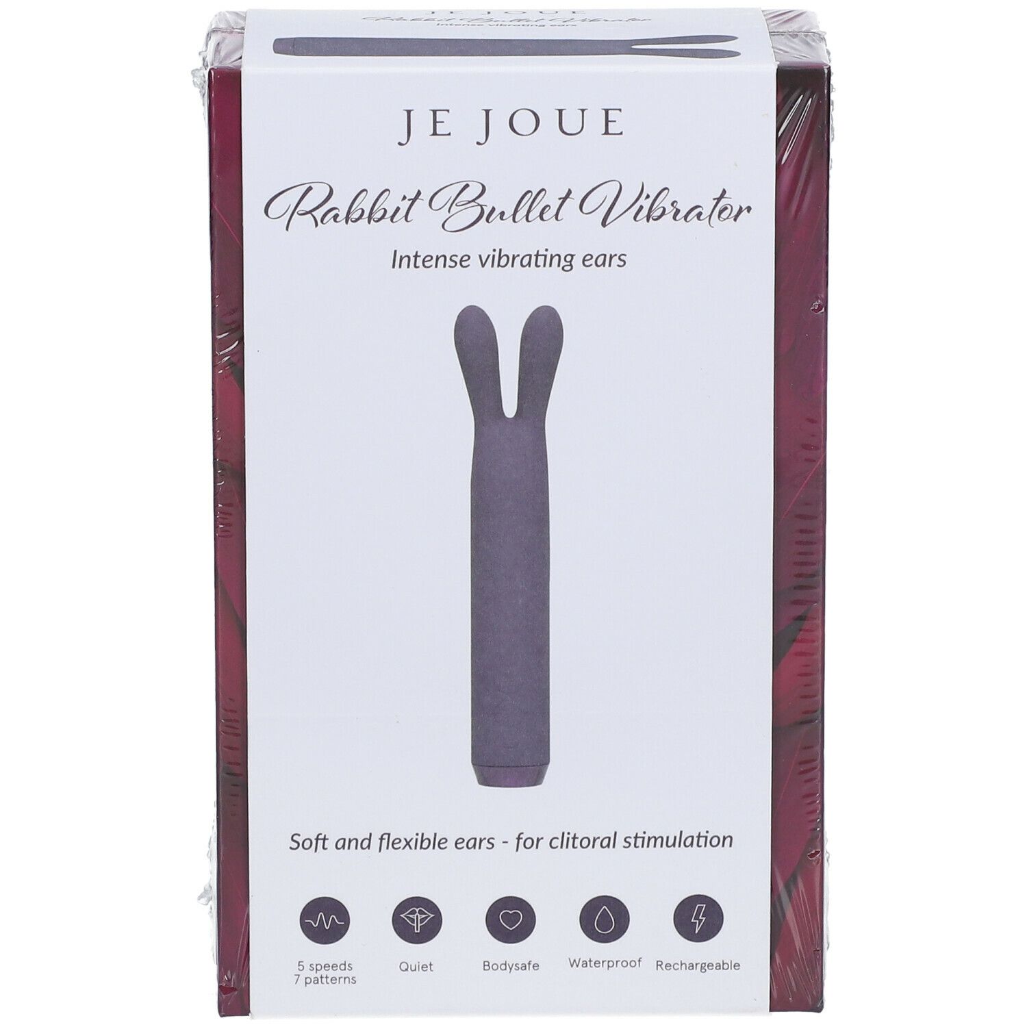 Emballage Je Joue Rabbit Bullet Vibrator. Produit violet. Texte: Intense vibrating ears, Soft and flexible ears - for clitoral stimulation. Symboles.
