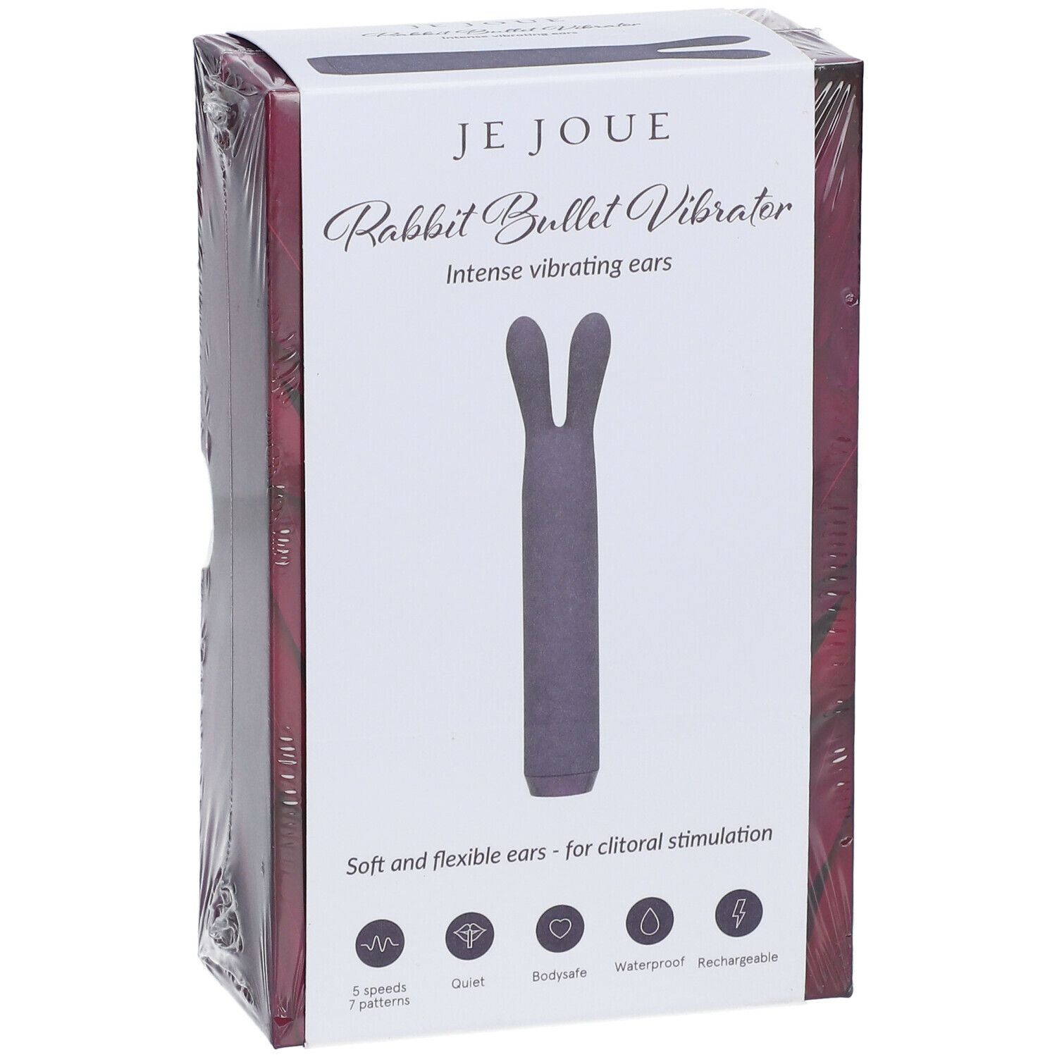 Emballage Je Joue Rabbit Bullet Vibrator. Produit violet. Texte: Intense vibrating ears, Soft and flexible ears - for clitoral stimulation. Symboles.