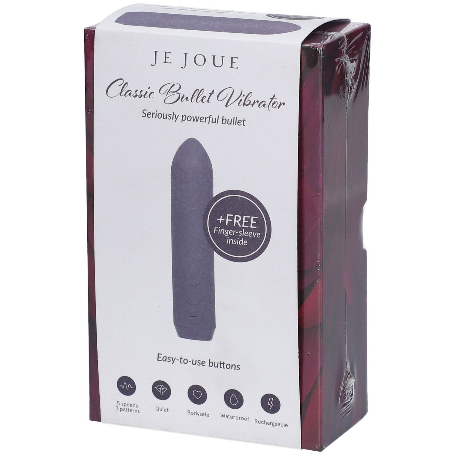 Emballage Je Joue Classic Bullet Vibrator. Produit mauve, +FREE doigtier. 5 vitesses, 7 motifs, silencieux, sûr, étanche, rechargeable.