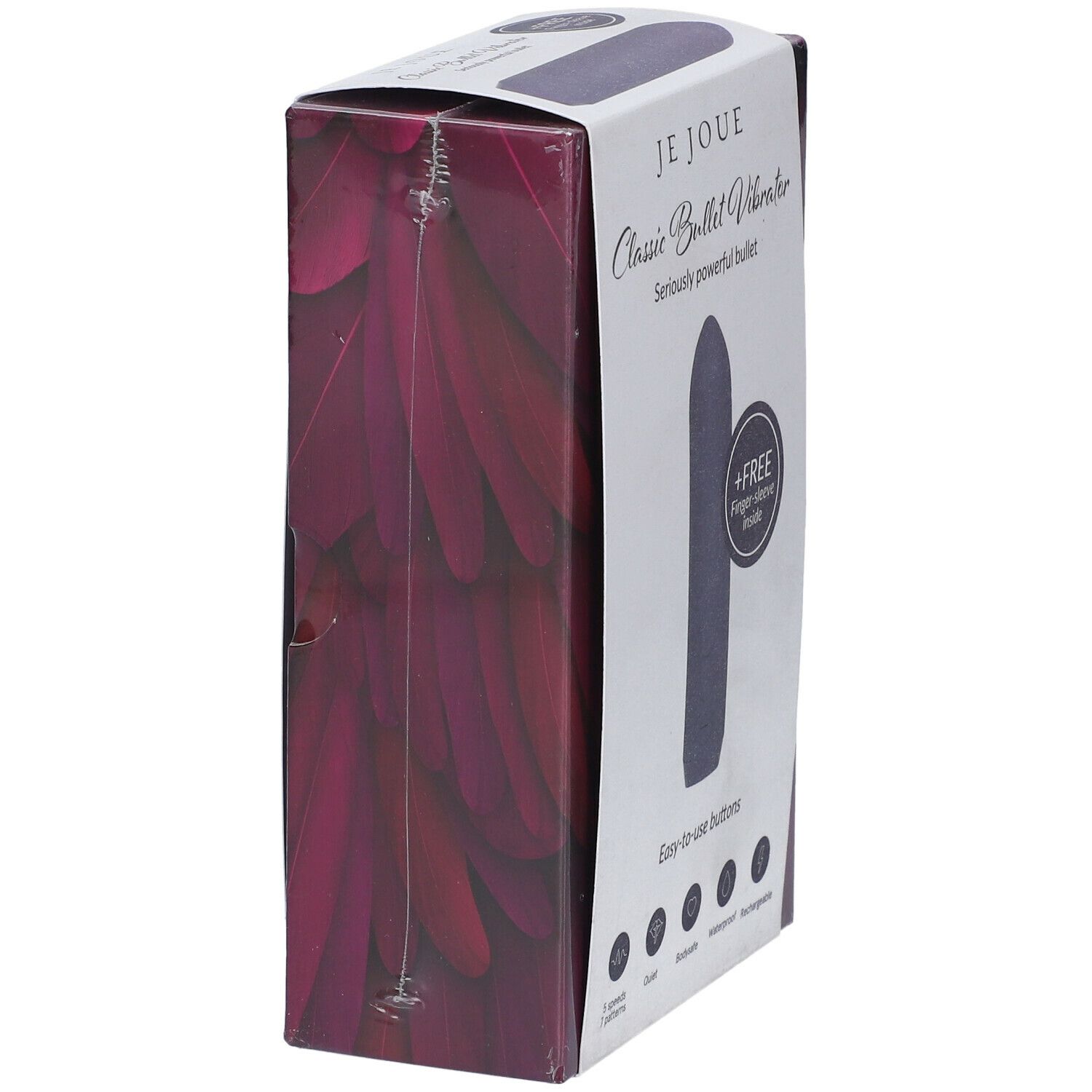 Emballage Je Joue Classic Bullet Vibrator. Produit mauve, +FREE doigtier. 5 vitesses, 7 motifs, silencieux, sûr, étanche, rechargeable.