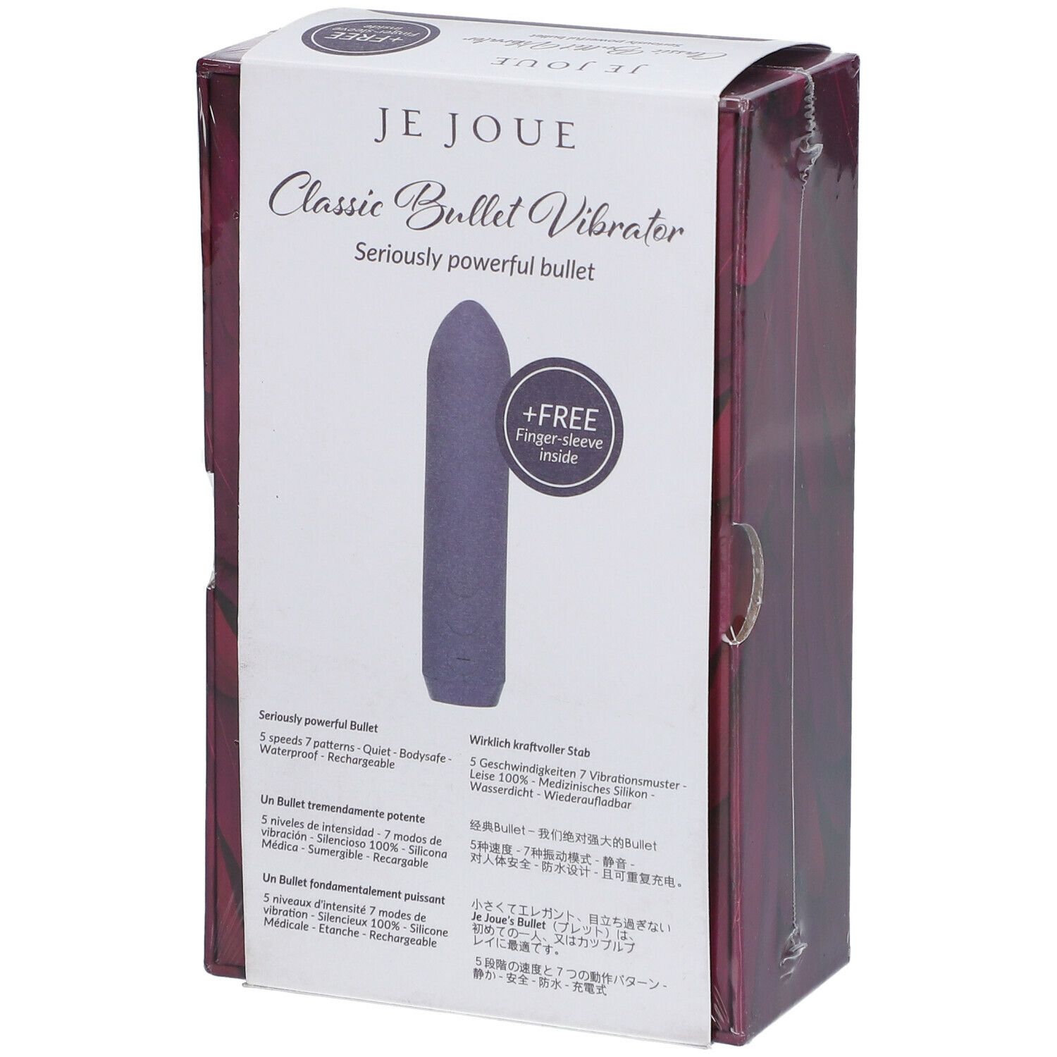 Emballage Je Joue Classic Bullet Vibrator. Produit mauve, +FREE doigtier. 5 vitesses, 7 motifs, silencieux, sûr, étanche, rechargeable.