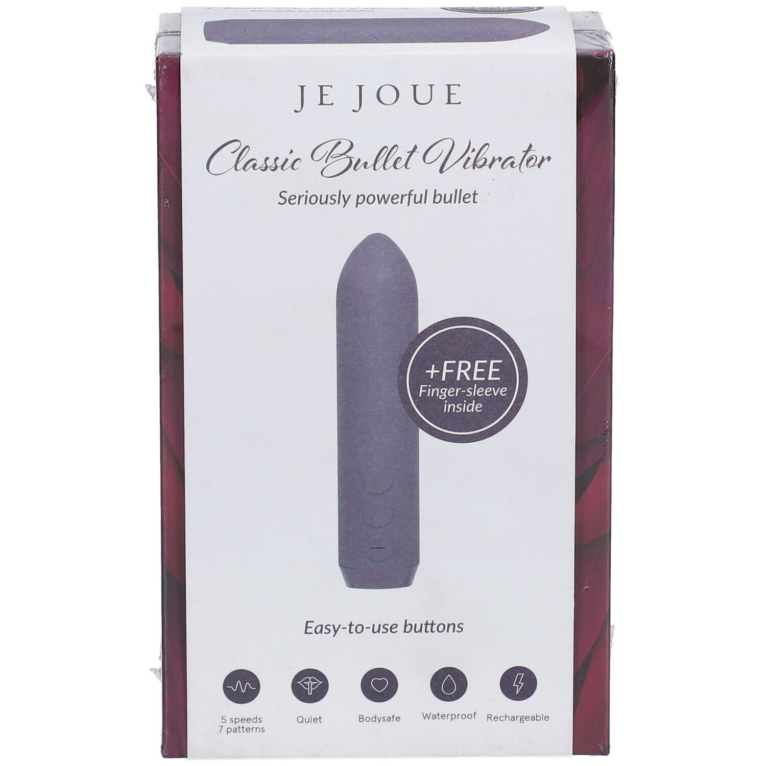 Emballage Je Joue Classic Bullet Vibrator. Produit mauve, +FREE doigtier. 5 vitesses, 7 motifs, silencieux, sûr, étanche, rechargeable.