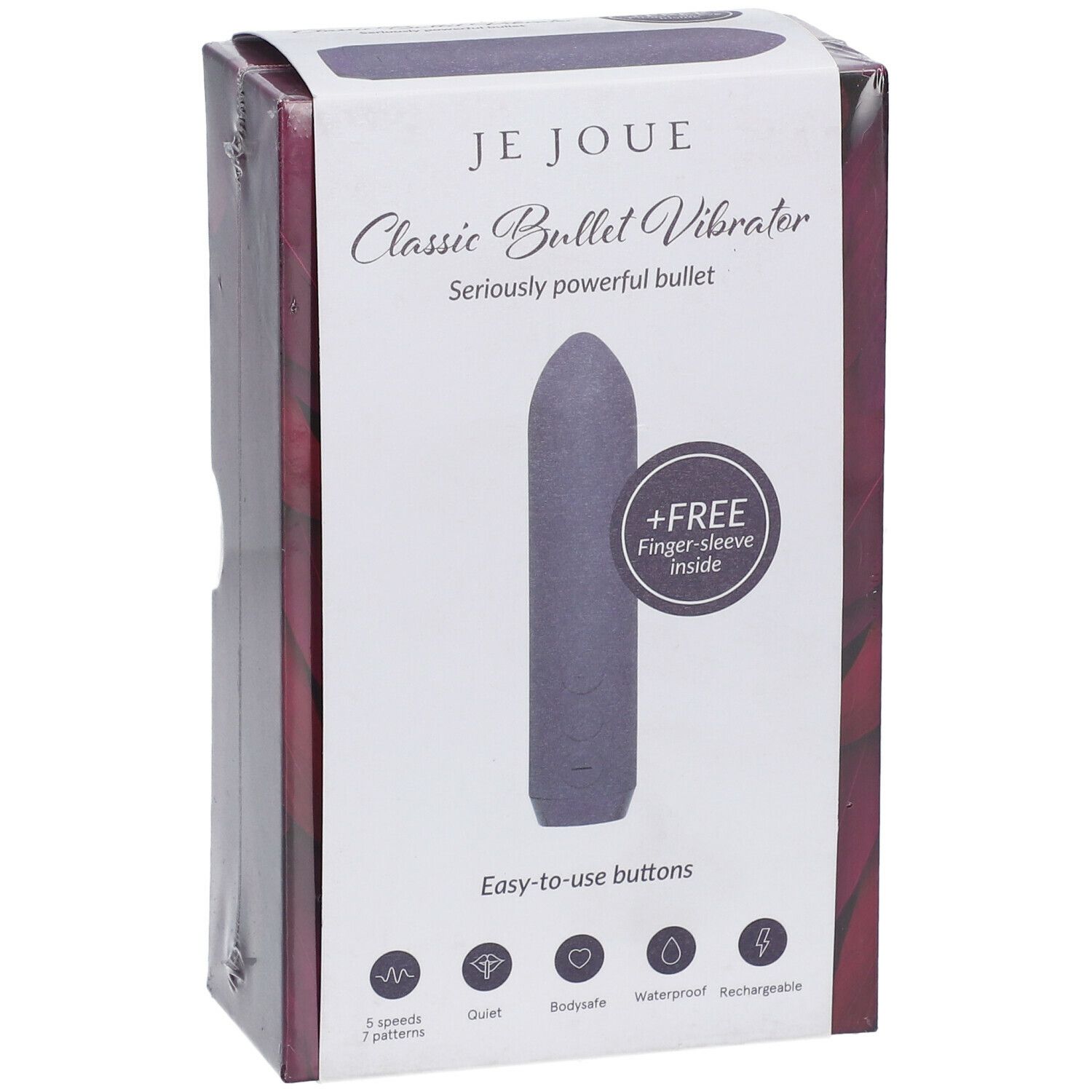 Emballage Je Joue Classic Bullet Vibrator. Produit mauve, +FREE doigtier. 5 vitesses, 7 motifs, silencieux, sûr, étanche, rechargeable.