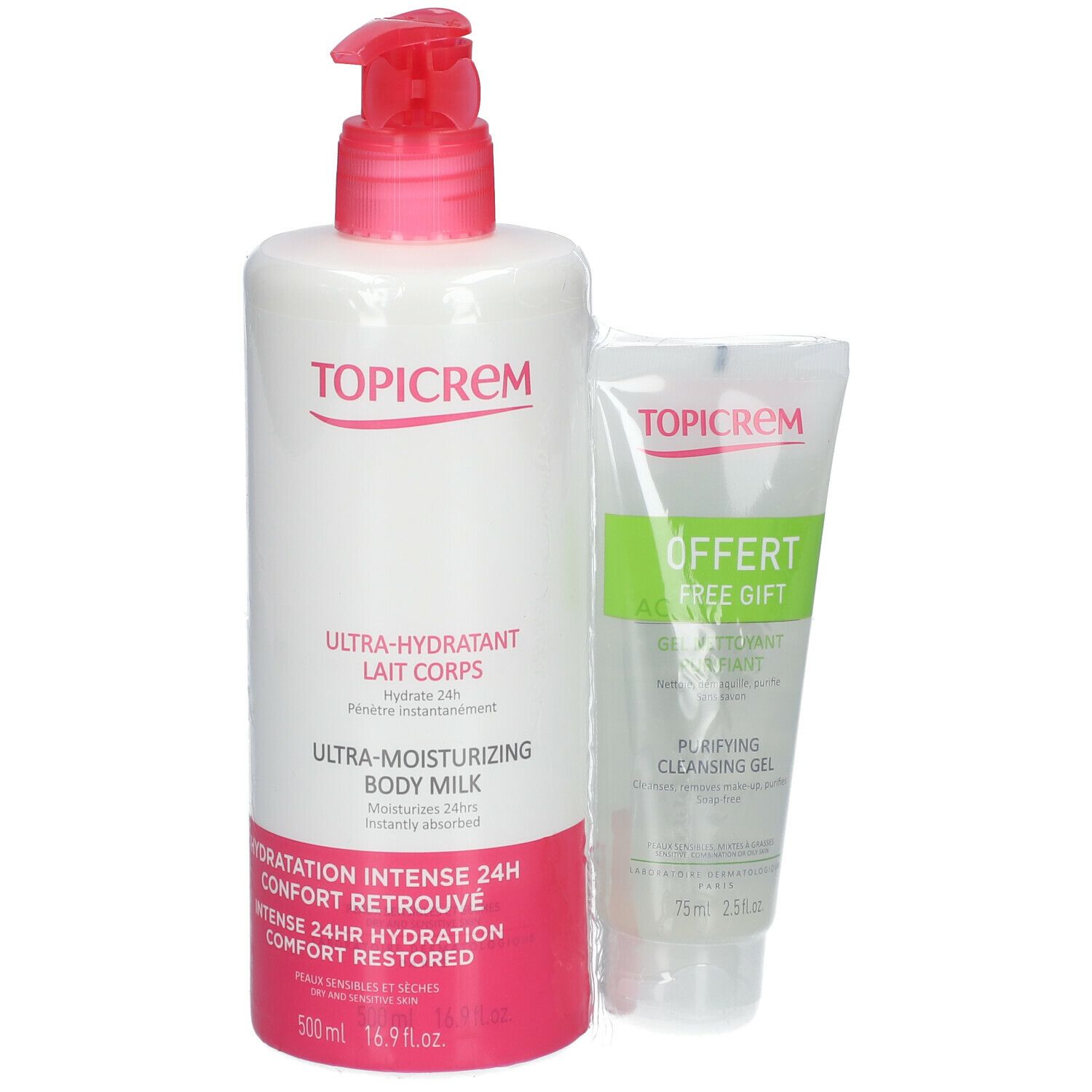 Wit flesje met rode pomp en tube. Opschrift: Topicrem, Ultra-Hydratant Lait Corps, Ultra-Moisturizing Body Milk, GRATIS.