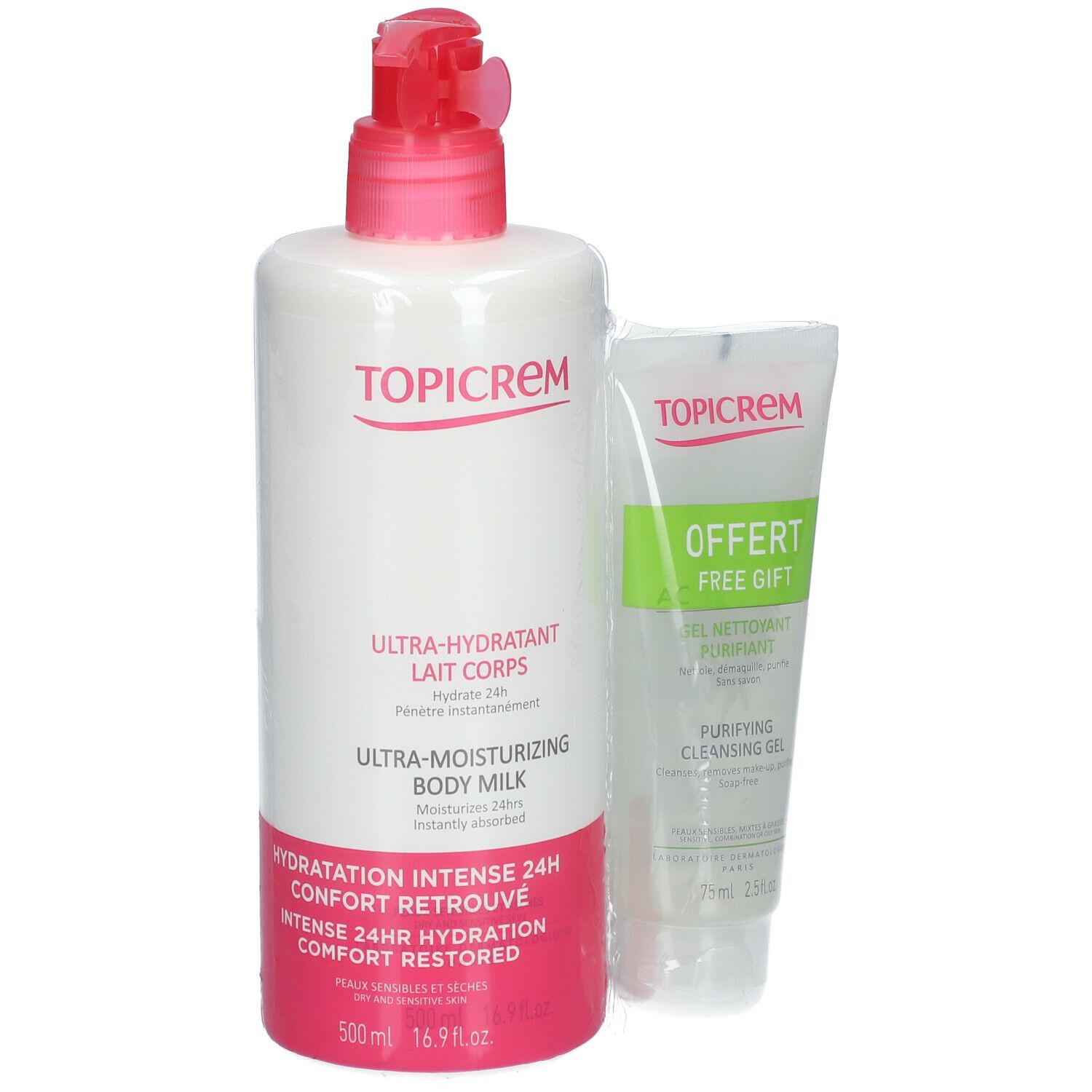 Wit flesje met rode pomp en tube. Opschrift: Topicrem, Ultra-Hydratant Lait Corps, Ultra-Moisturizing Body Milk, GRATIS.