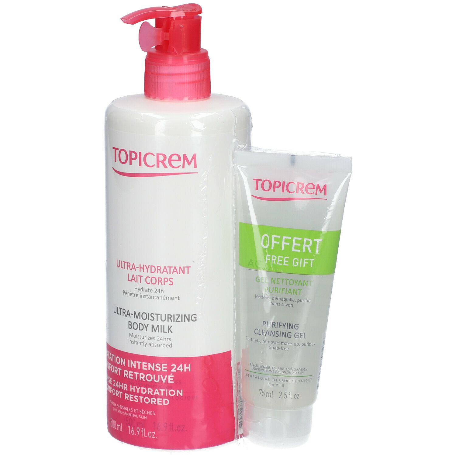 Wit flesje met rode pomp en tube. Opschrift: Topicrem, Ultra-Hydratant Lait Corps, Ultra-Moisturizing Body Milk, GRATIS.