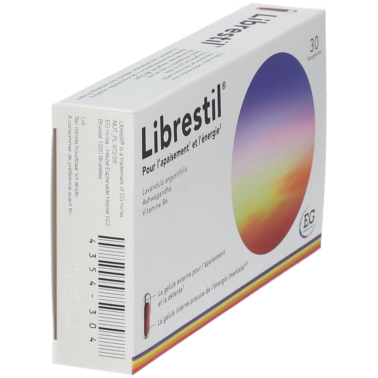 Zijaanzicht van doosje Librestil Duokapseln. Opschrift: Pour l'apaisement et l'énergie. Bevat 30 duogels. EG-logo.