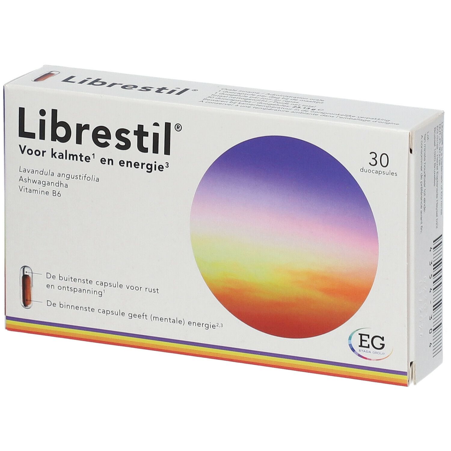 Doosje Librestil Duokapseln. Opschrift: Voor kalmte en energie. Bevat 30 duocapsules. EG-logo.