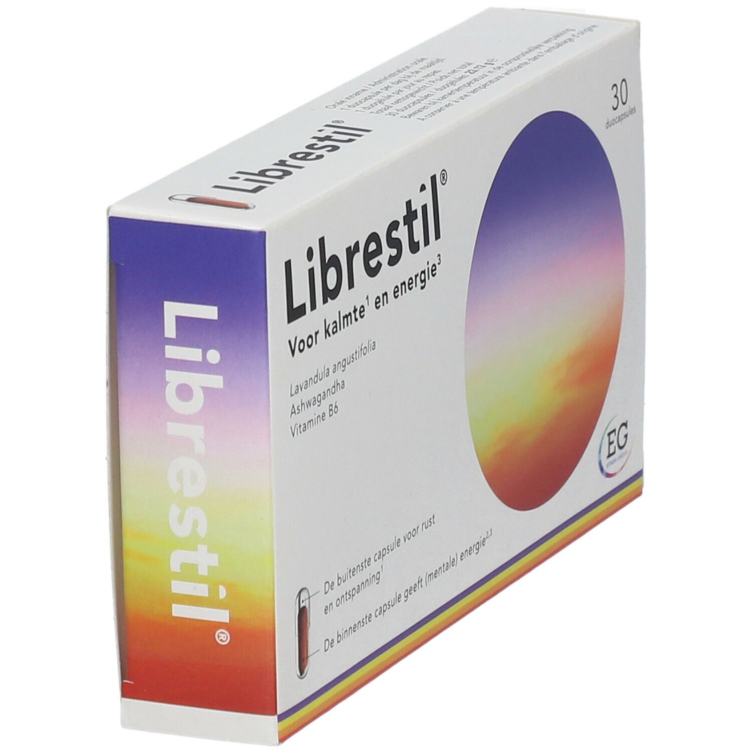 Zijaanzicht van doosje Librestil Duokapseln. Opschrift: Voor kalmte en energie. Bevat 30 duocapsules. EG-logo.