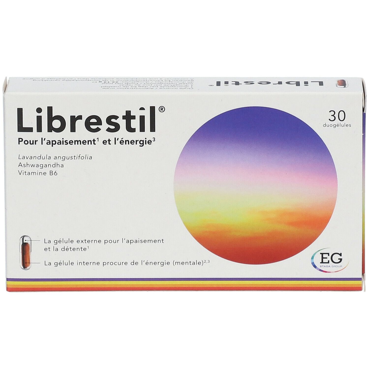 Doosje Librestil Duokapseln. Opschrift: Pour l'apaisement et l'énergie. Bevat 30 duogels. EG-logo.
