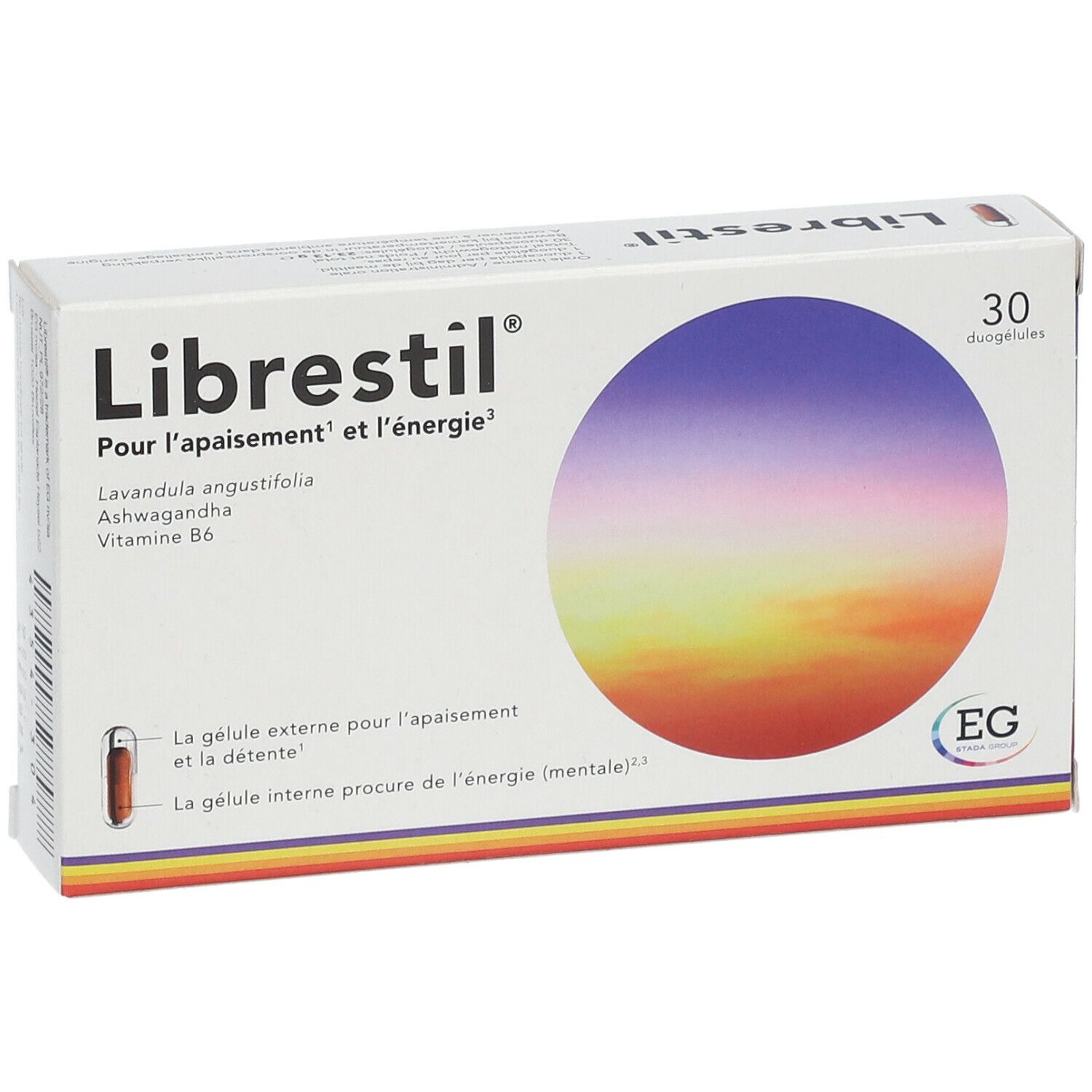 Doosje Librestil Duokapseln. Opschrift: Pour l'apaisement et l'énergie. Bevat 30 duogels. EG-logo.