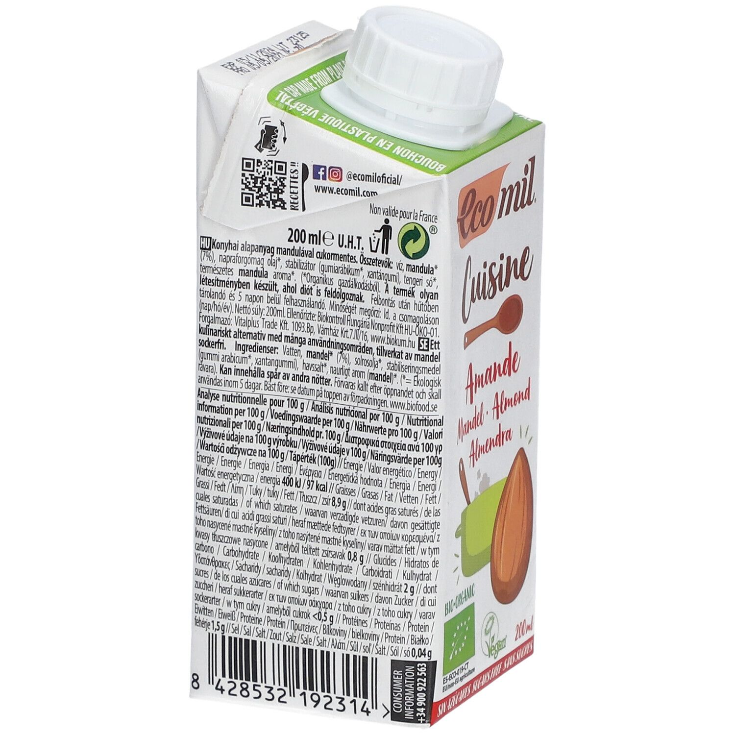 Dos de la brique Tetra Pak. Ecomil Cuisine. Texte multilingue. Ingrédients, informations nutritionnelles. Logo vegan. Code-barres.