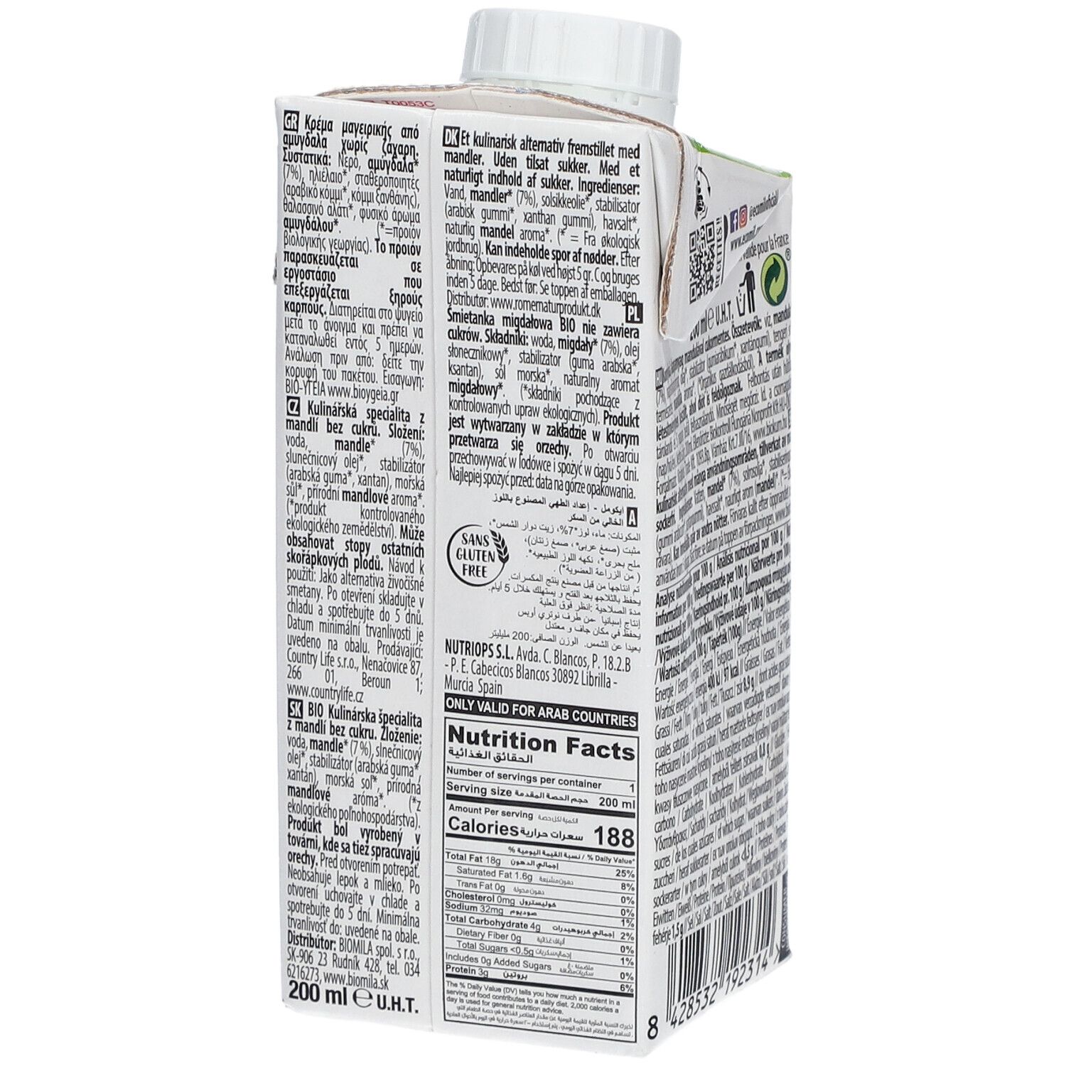 Vue latérale de la brique Tetra Pak. Ecomil Cuisine. Texte multilingue. Informations nutritionnelles. Pour pays arabes uniquement.