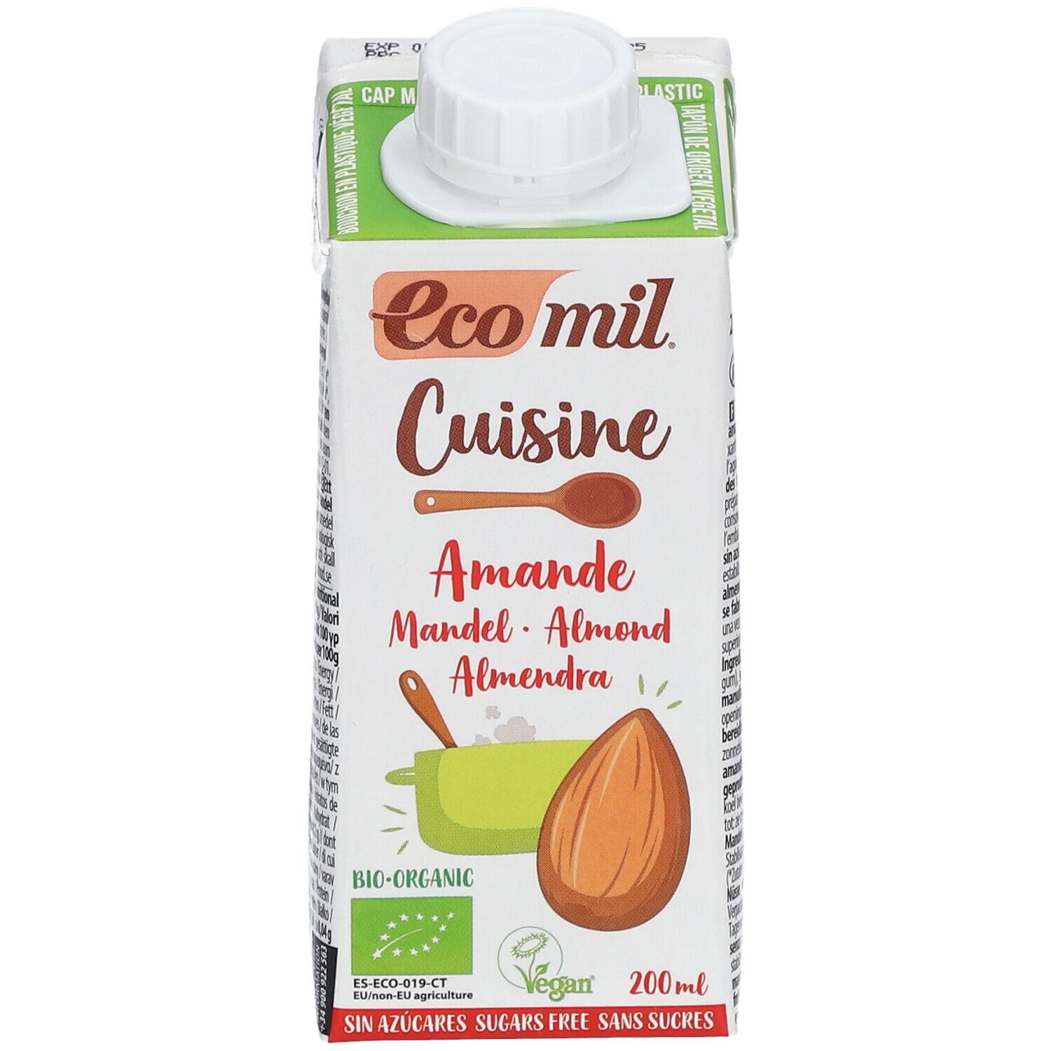 Face avant de la brique Tetra Pak. Ecomil Cuisine Amande sans sucre Bio. Inscriptions : Amande, Mandel, Almond, Almendra. Labels bio et vegan.