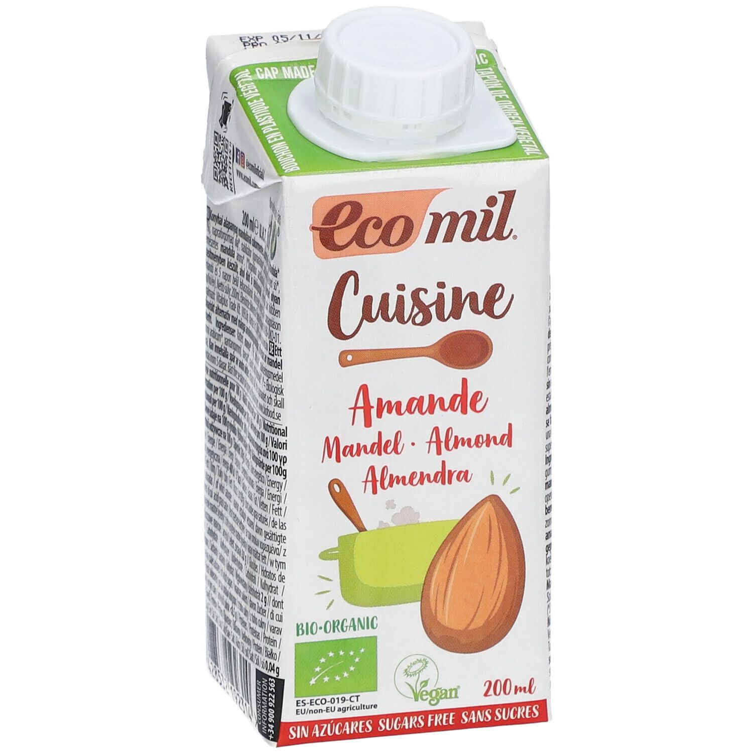Face avant de la brique Tetra Pak. Ecomil Cuisine Amande sans sucre Bio. Inscriptions : Amande, Mandel, Almond, Almendra. Labels bio et vegan.