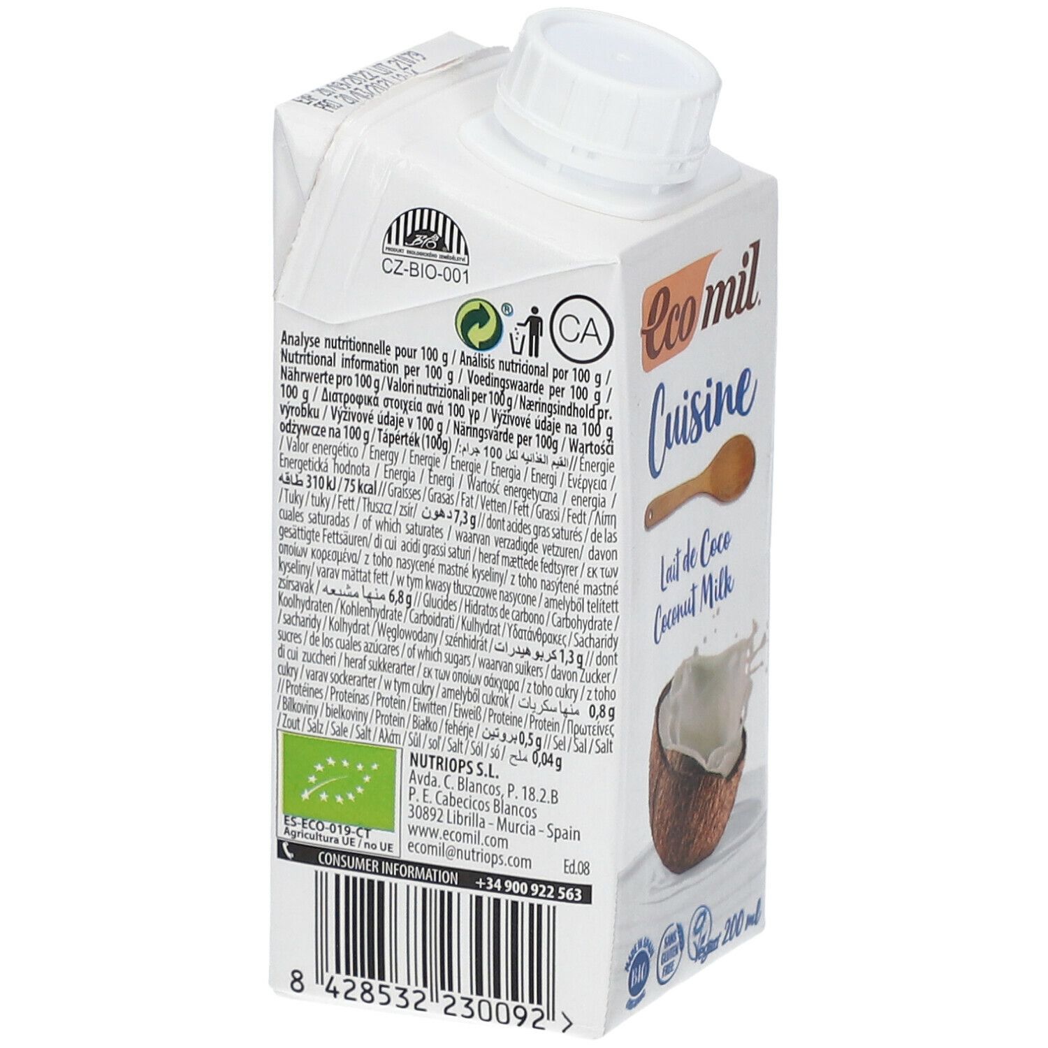 Achterkant van de witte kartonnen verpakking. Tekst, voedingswaarde, bio label, barcode, contactgegevens.