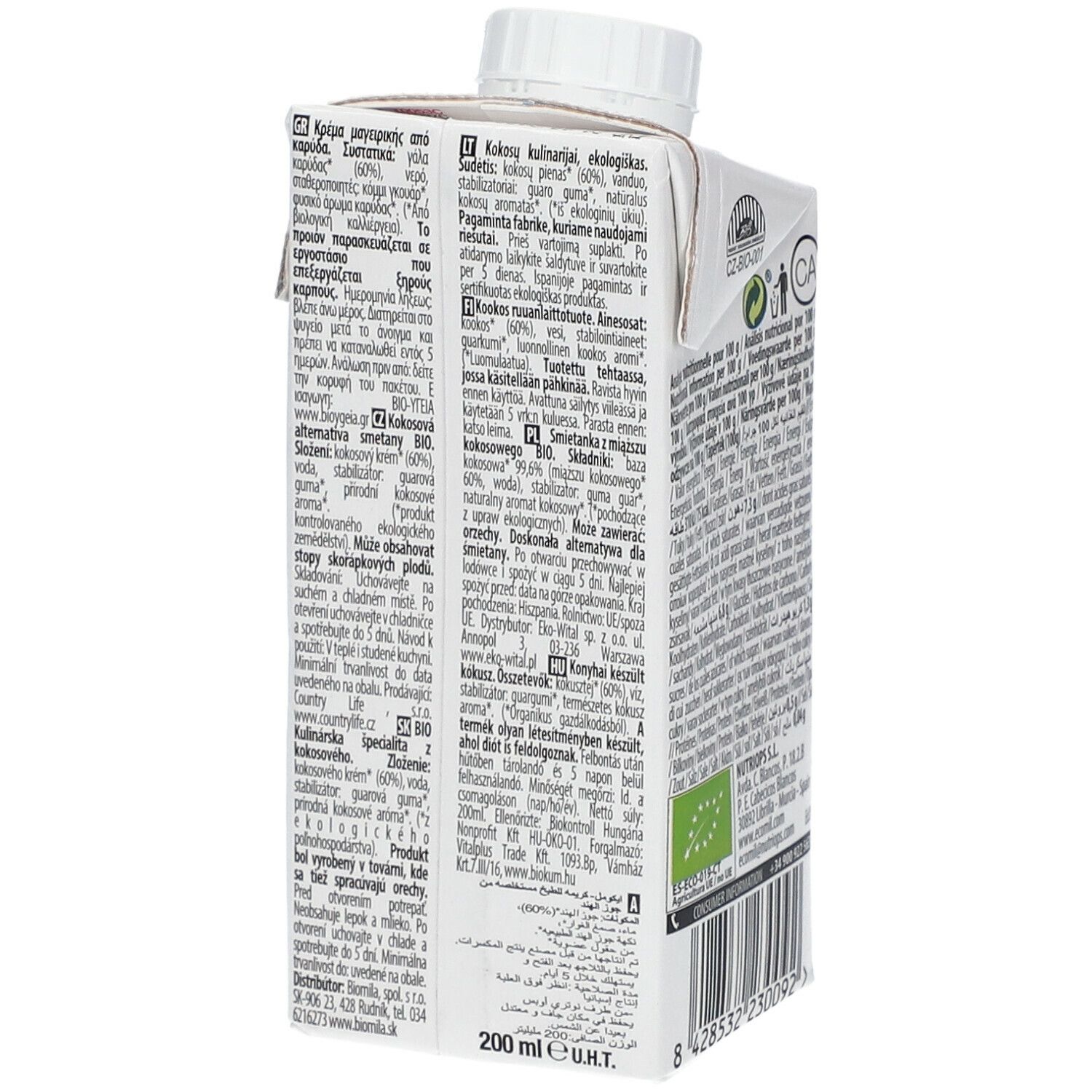 Zijaanzicht van de witte kartonnen verpakking. Meertalige tekst, bio label, volumeaanduiding: 200 ml.