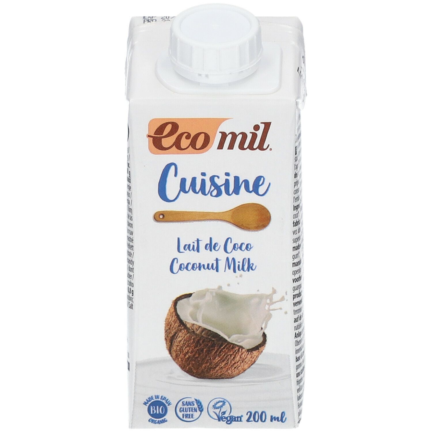 Witte kartonnen verpakking met schroefdop. Opschrift: Ecomil Cuisine, kokosnoot illustratie, bio label, tekst. 200 ml.