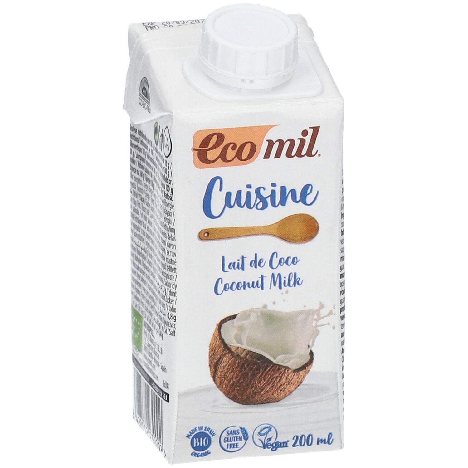 Witte kartonnen verpakking met schroefdop. Opschrift: Ecomil Cuisine, kokosnoot illustratie, bio label, tekst. 200 ml.