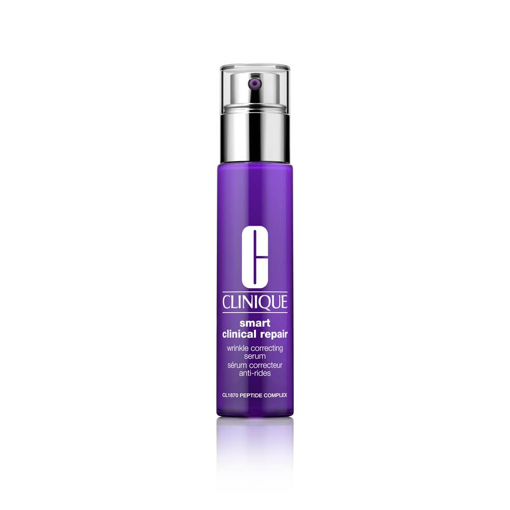 Flacon violet CLINIQUE Smart Clinical Repair Serum. Pompe argentée.