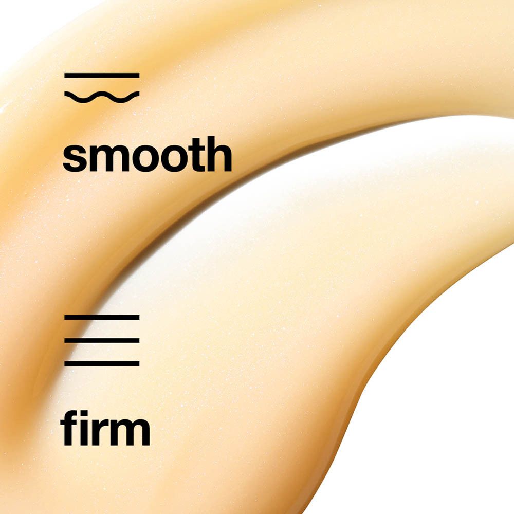 Texture de sérum. Mots « smooth » et « firm ». Sur fond clair.