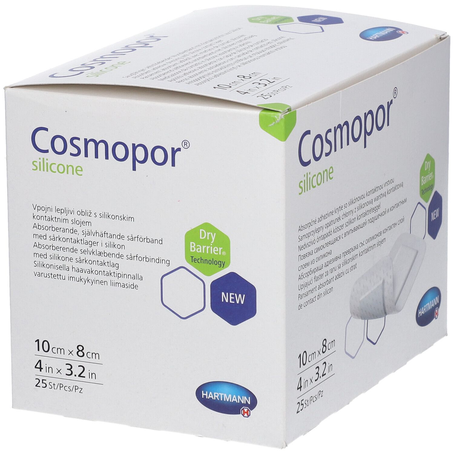 Verpackung von Cosmopor® silicone. Größe 10 x 8 cm. 25 Stück. Mit Dry Barrier Technology und Hartmann Logo.