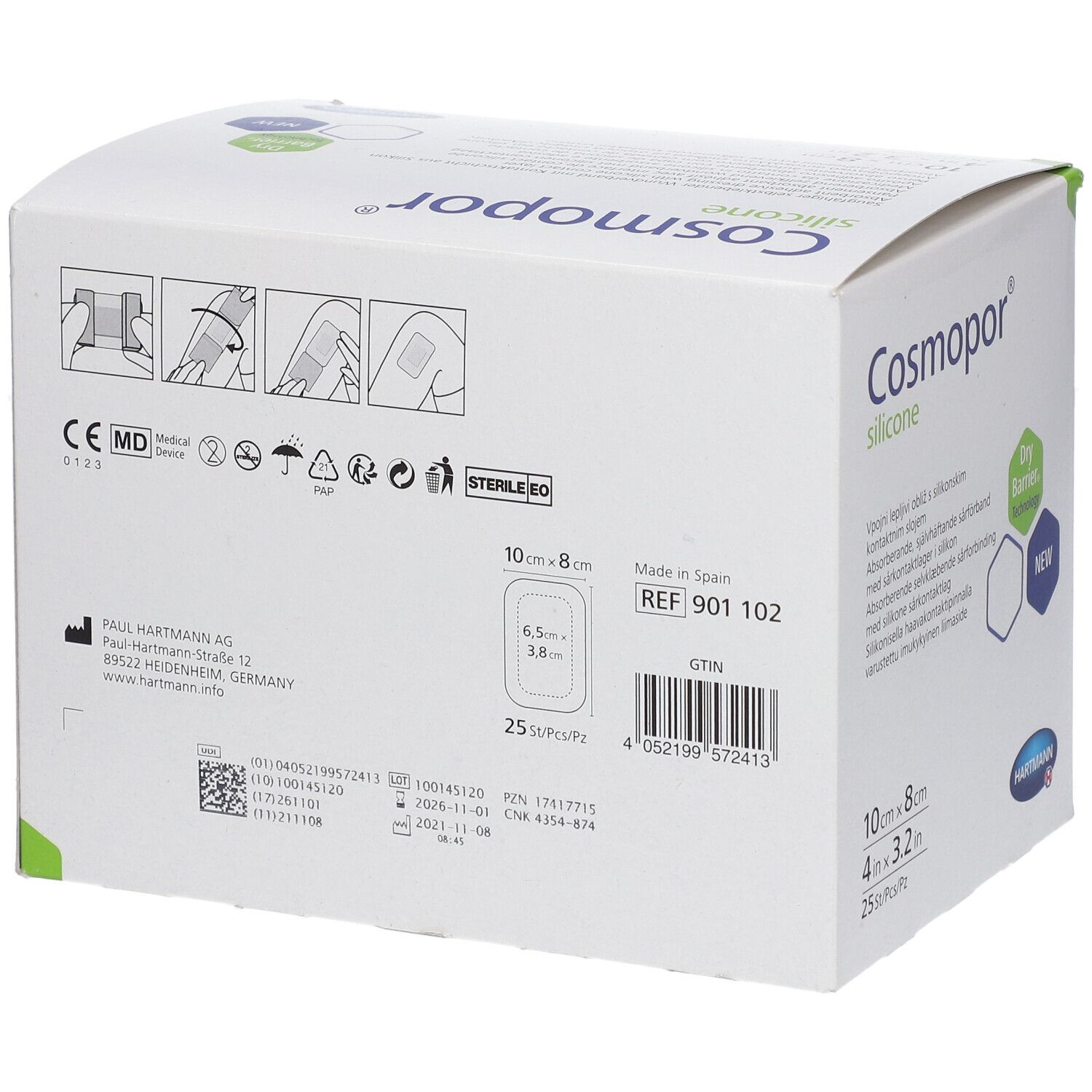 Rückseite der Verpackung von Cosmopor® silicone. Größe 10 x 8 cm. Mit CE-Kennzeichnung und Steril-Symbol.